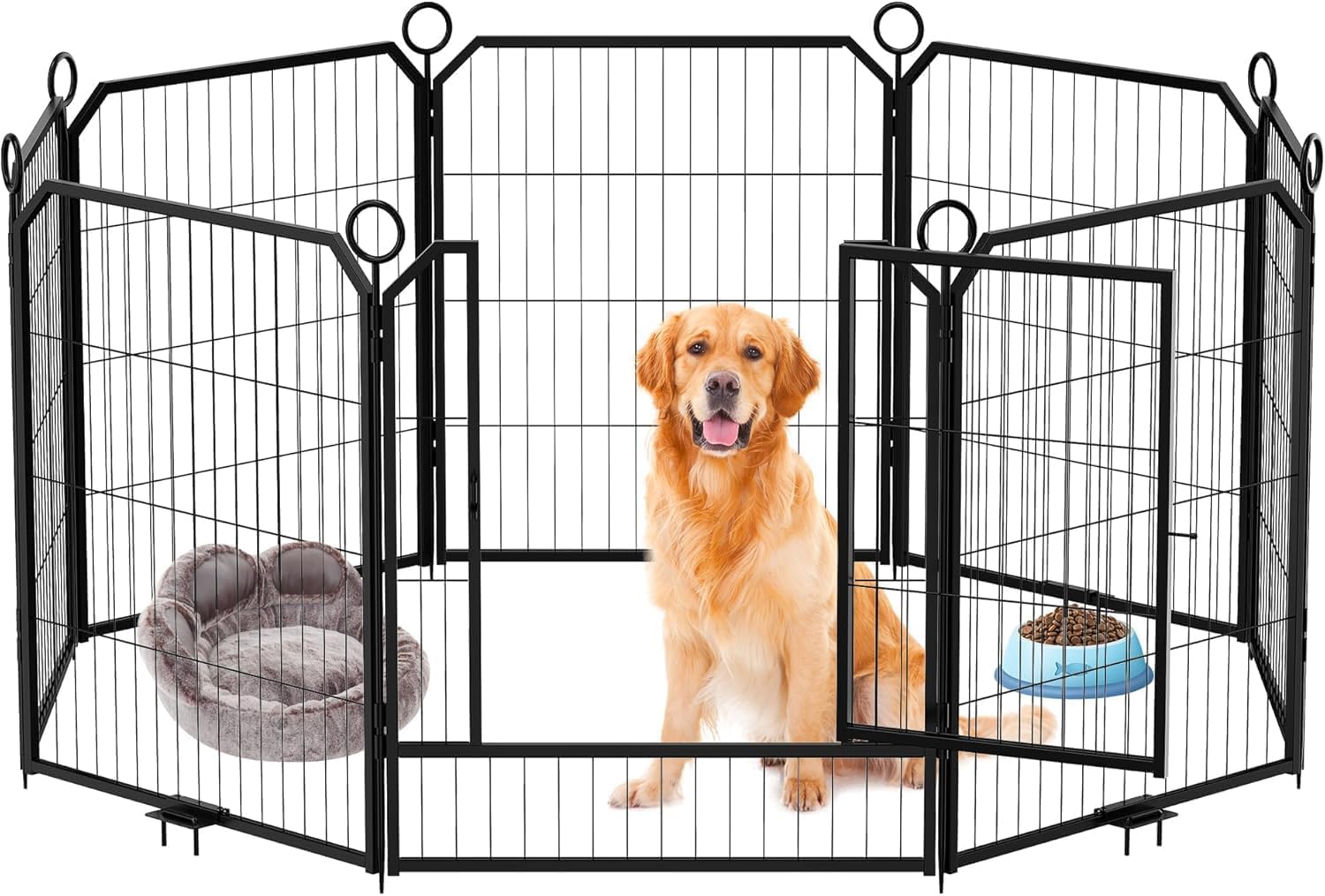 Qeetex O0-PHO-338YML8Y Dog Playpen for Yard and RV Camping 32 Inch Heavy Duty 8 Panel Rustproof Steel Pet Exercise Pen Foldable Portable Secure Fence for Puppies Small Medium Dogs Indoor Outdoor Travel Safe Play Area Black