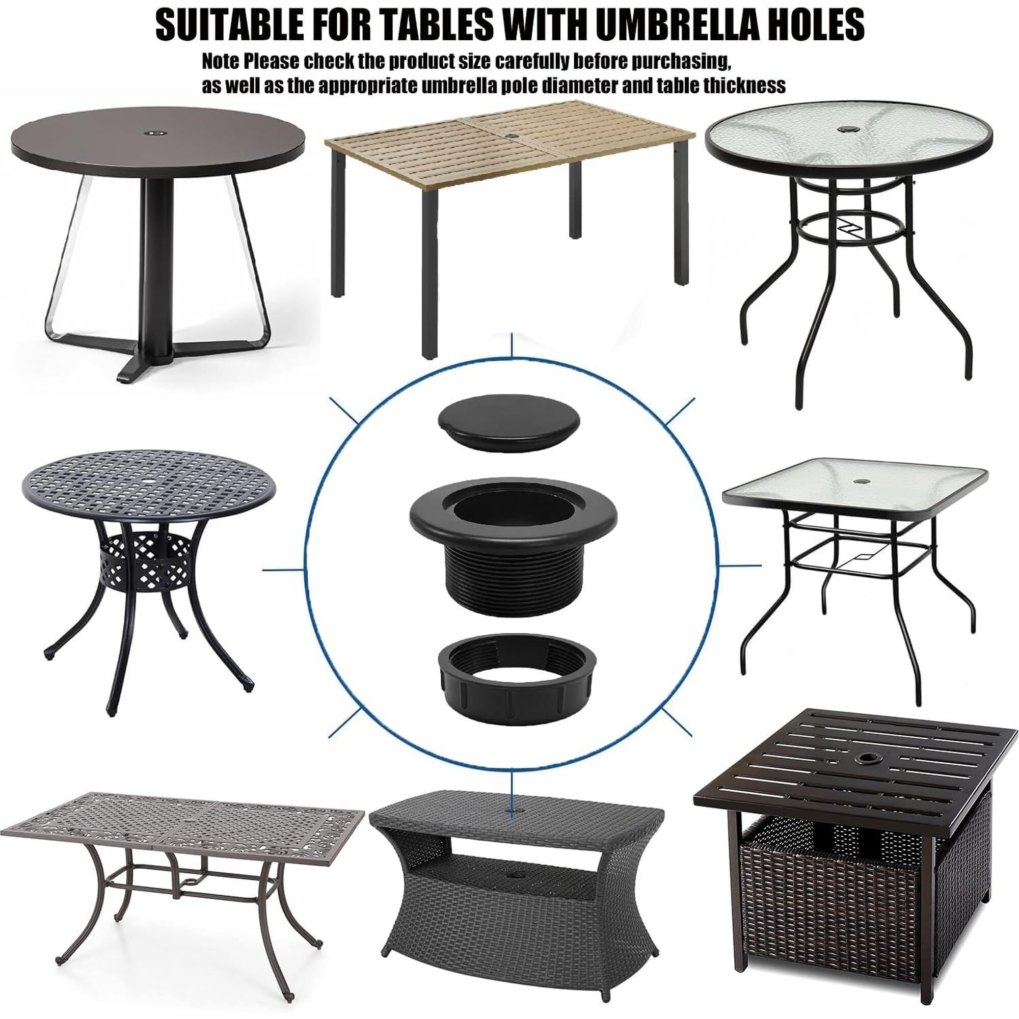 Angel Sar Black Thicker Patio Table Umbrella Hole Ring Plug Cap Set ...