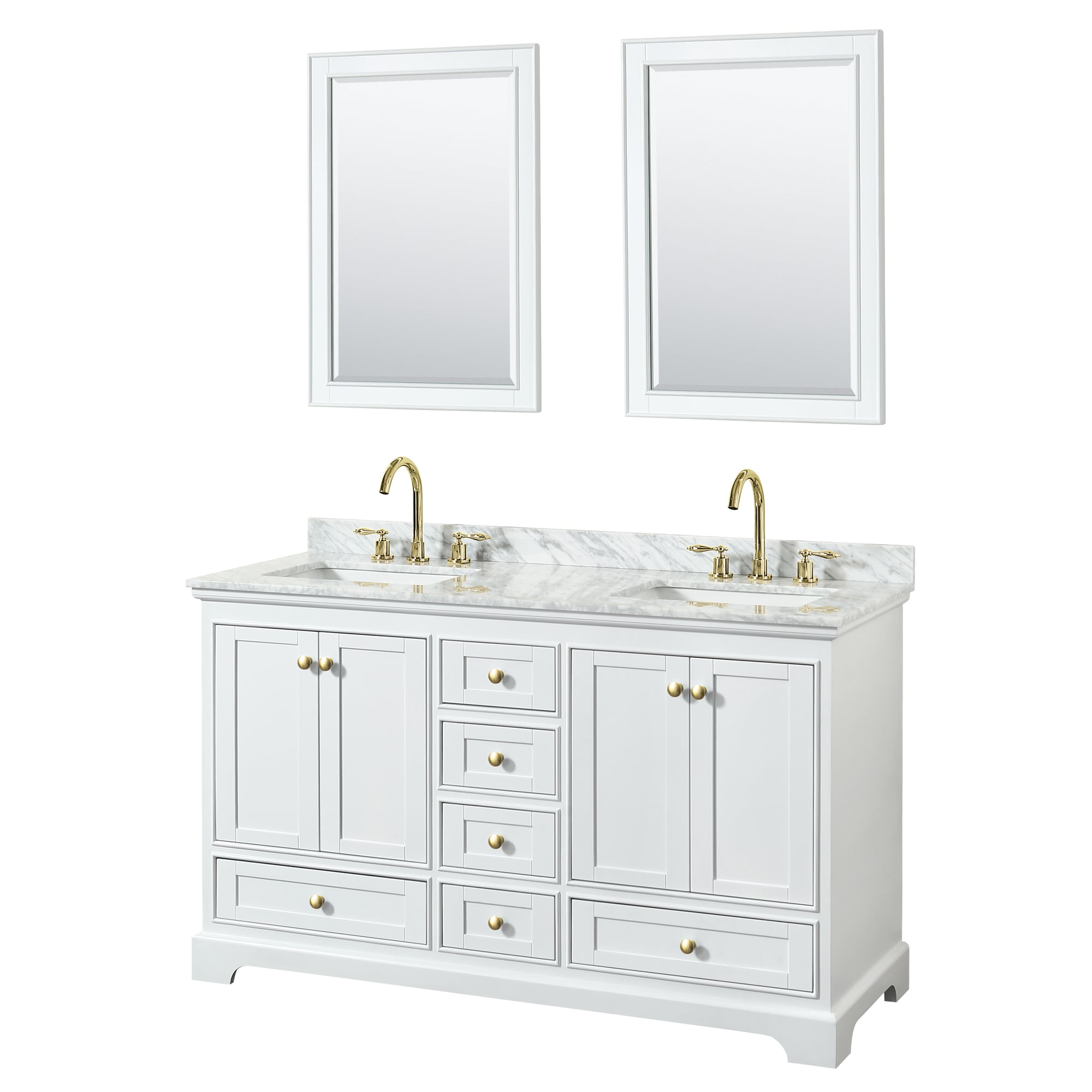 Wyndham Collection WCS202060DWGCMUNSM24 Deborah 60-in White with Brushed Gold Trim Undermount Double sink Bathroom Vanity with White Carrara Marble Marble Top (Mirror Included)