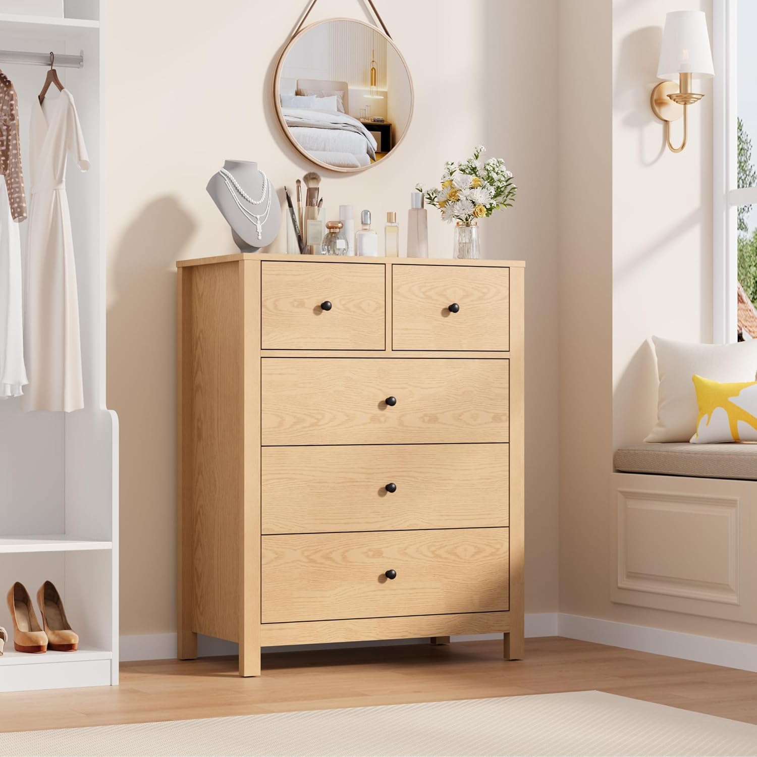 Qeetex GG-W546F022 Natural Oak Dresser for Bedroom Tall 5 Drawer Dresser with Deep Drawers Metal Knobs Modern Wooden Double Chest of Drawers for Kids Bedroom