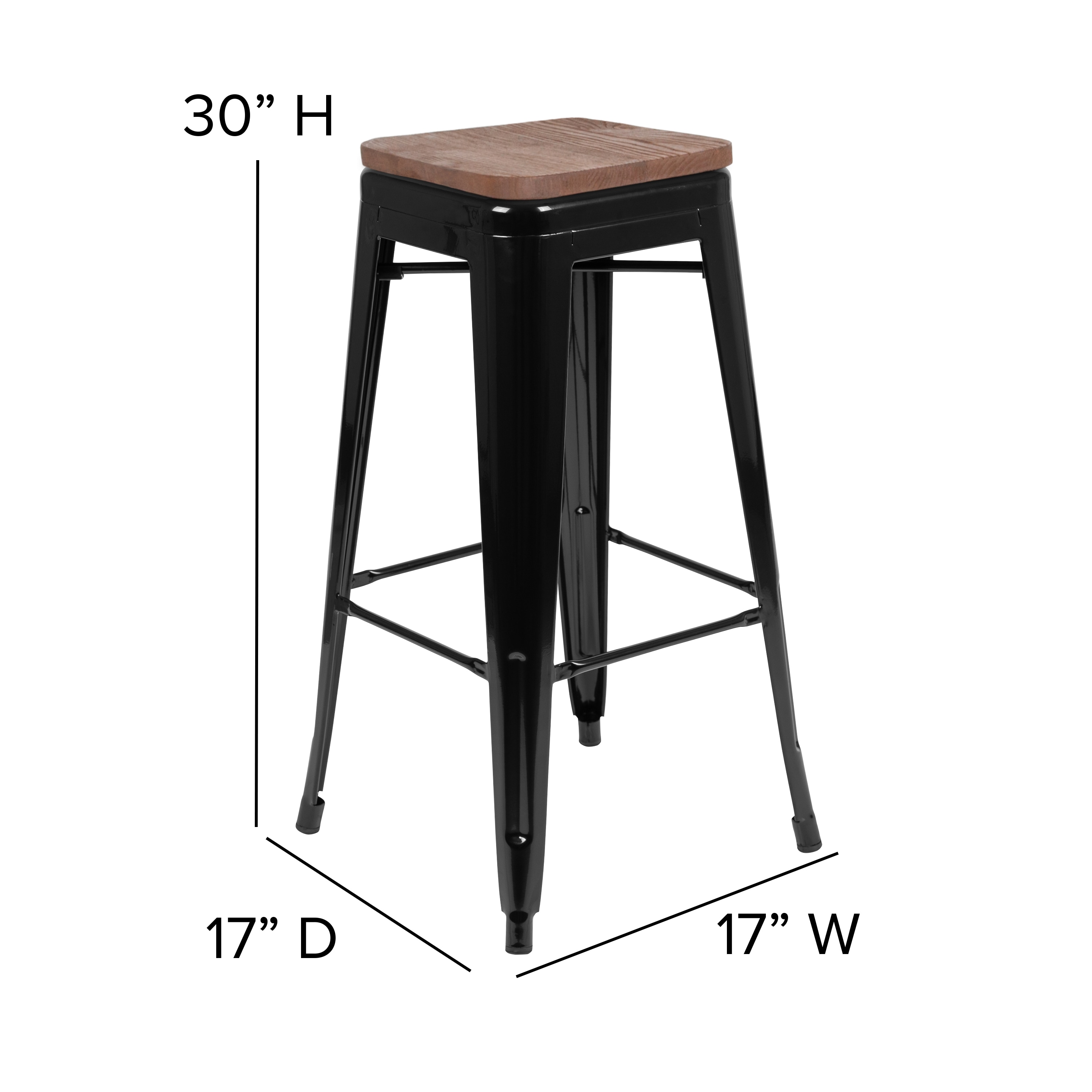 Industrial Chic 30" Stackable Black Metal and Wood Bar Stool, Set of 4