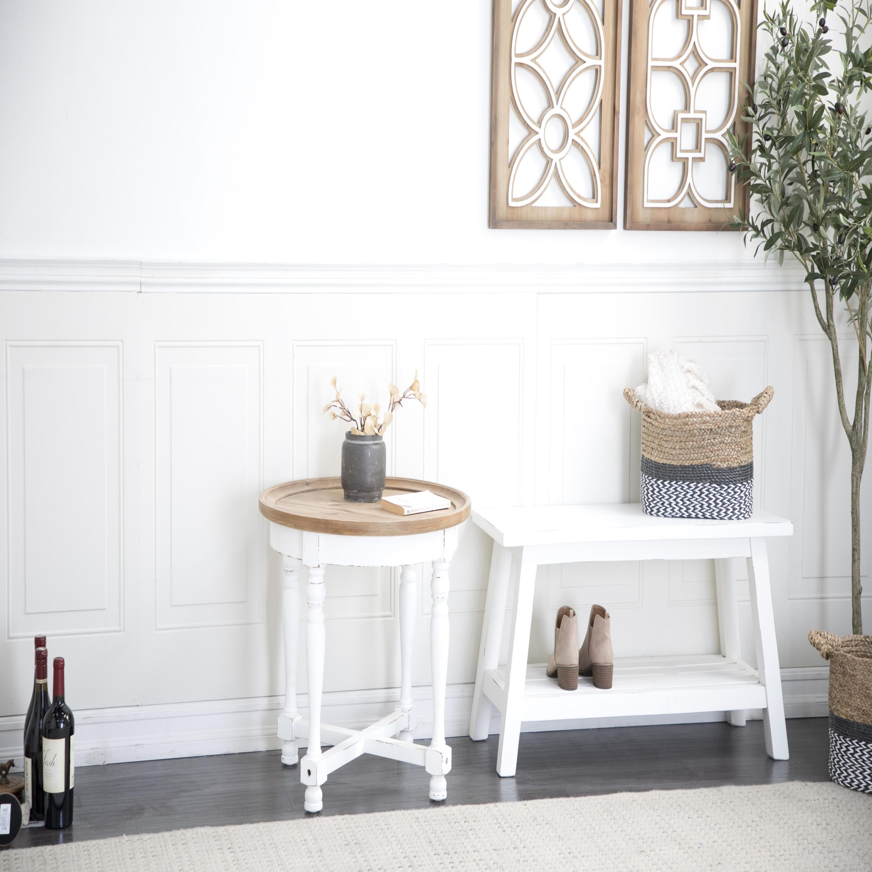 White and Brown Round Wood Accent Table with Spindle Legs