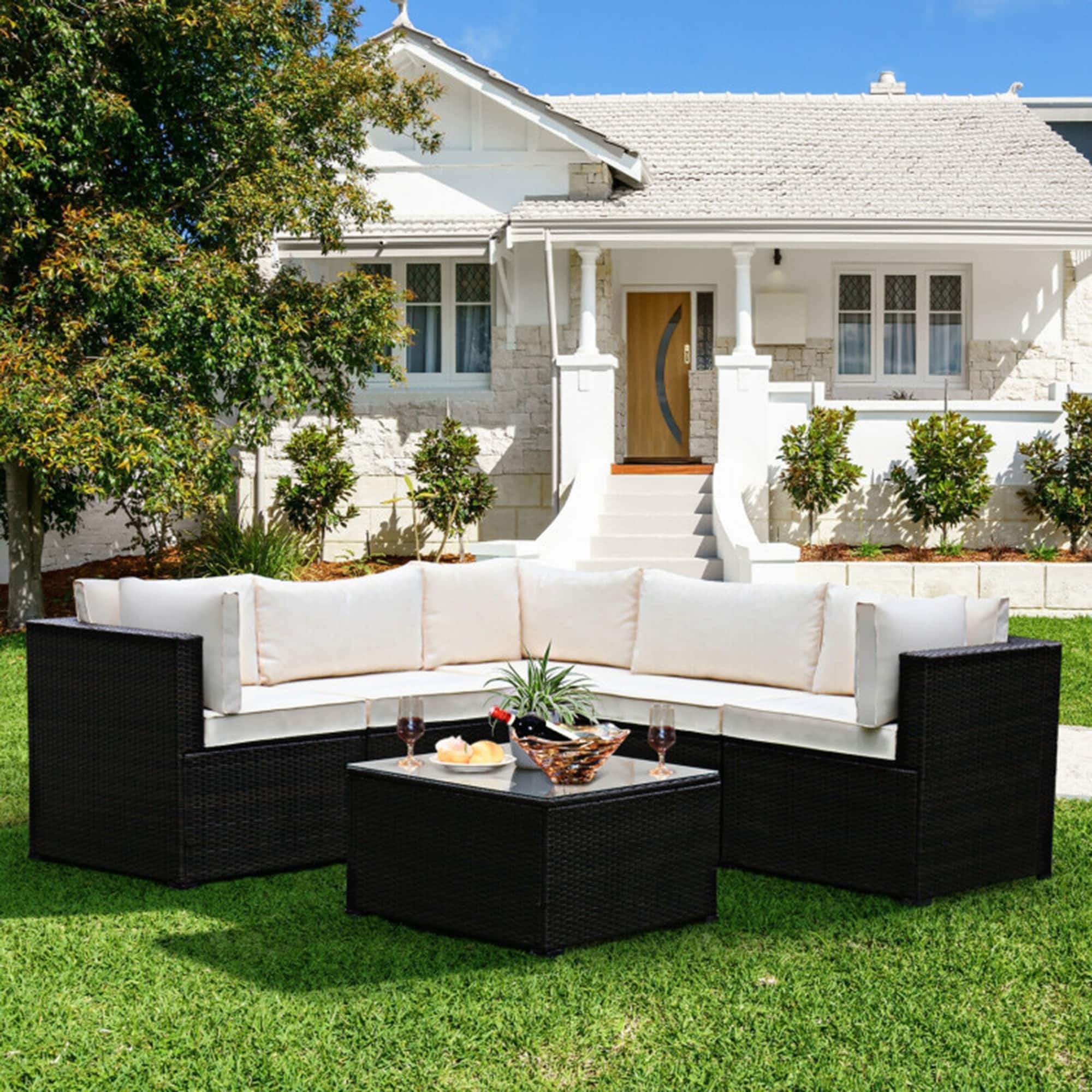 Mondawe MD-HF00096 6-Piece Rattan Patio Conversation Set with White Cushions