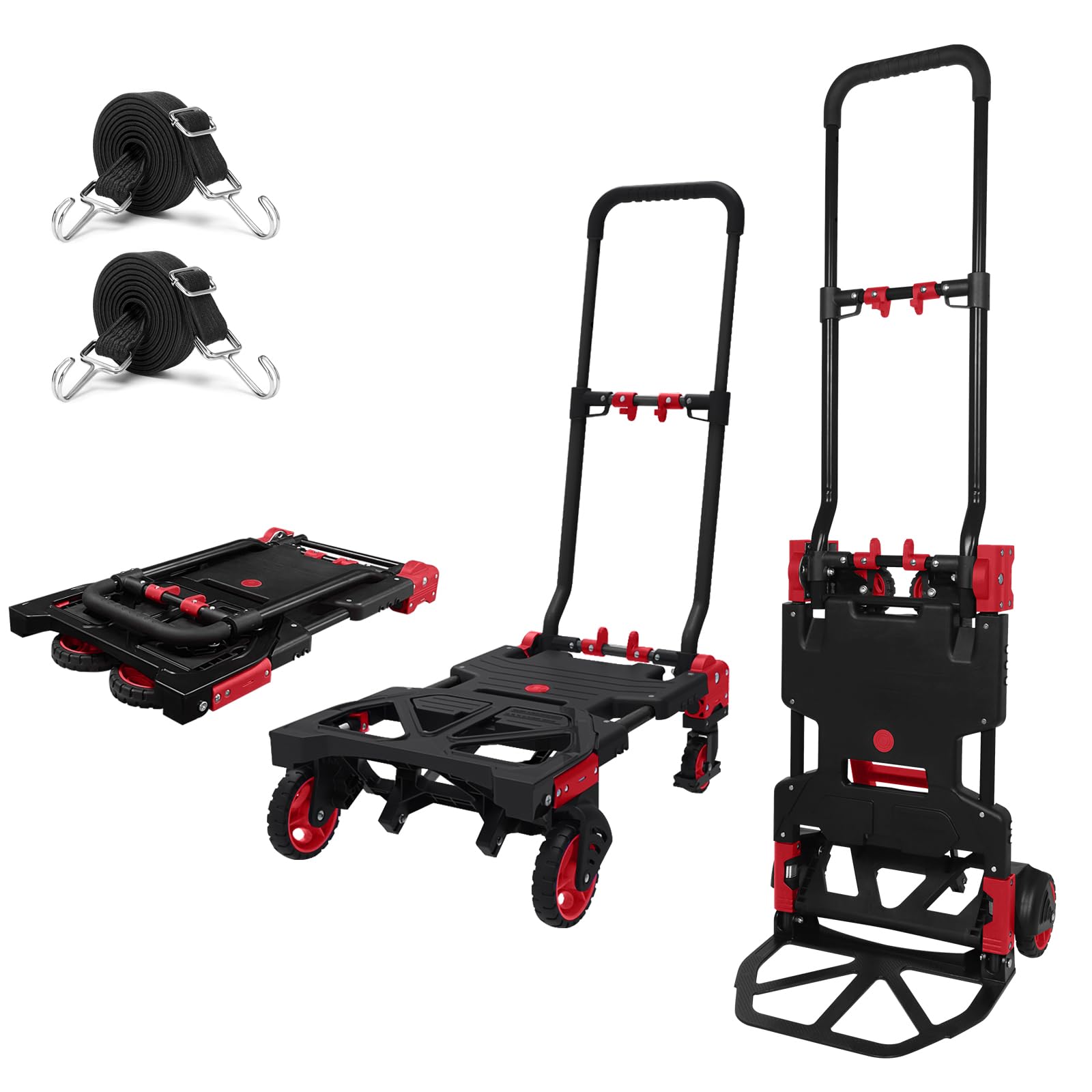 Adrinfly  Folding Hand Truck 330lbs Capacity Heavy Duty Dolly Cart with 2 Elastic Bungee Rope 4 Rubber Wheels Retractable Handle Convertible