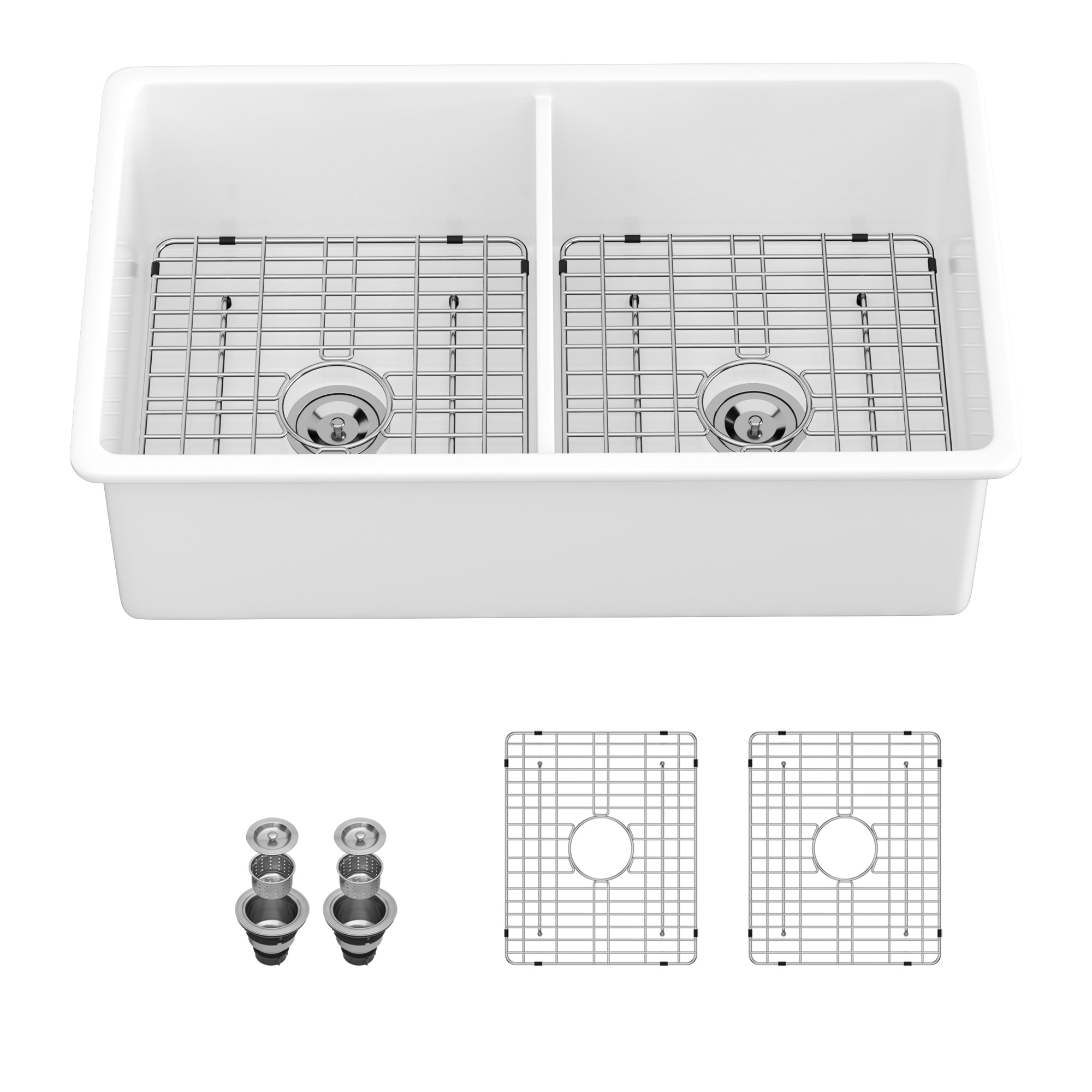 Vorene 32x19x10-in Undermount Double Bowl Fireclay Sink Dual Mount White Porcelain Deep Basin