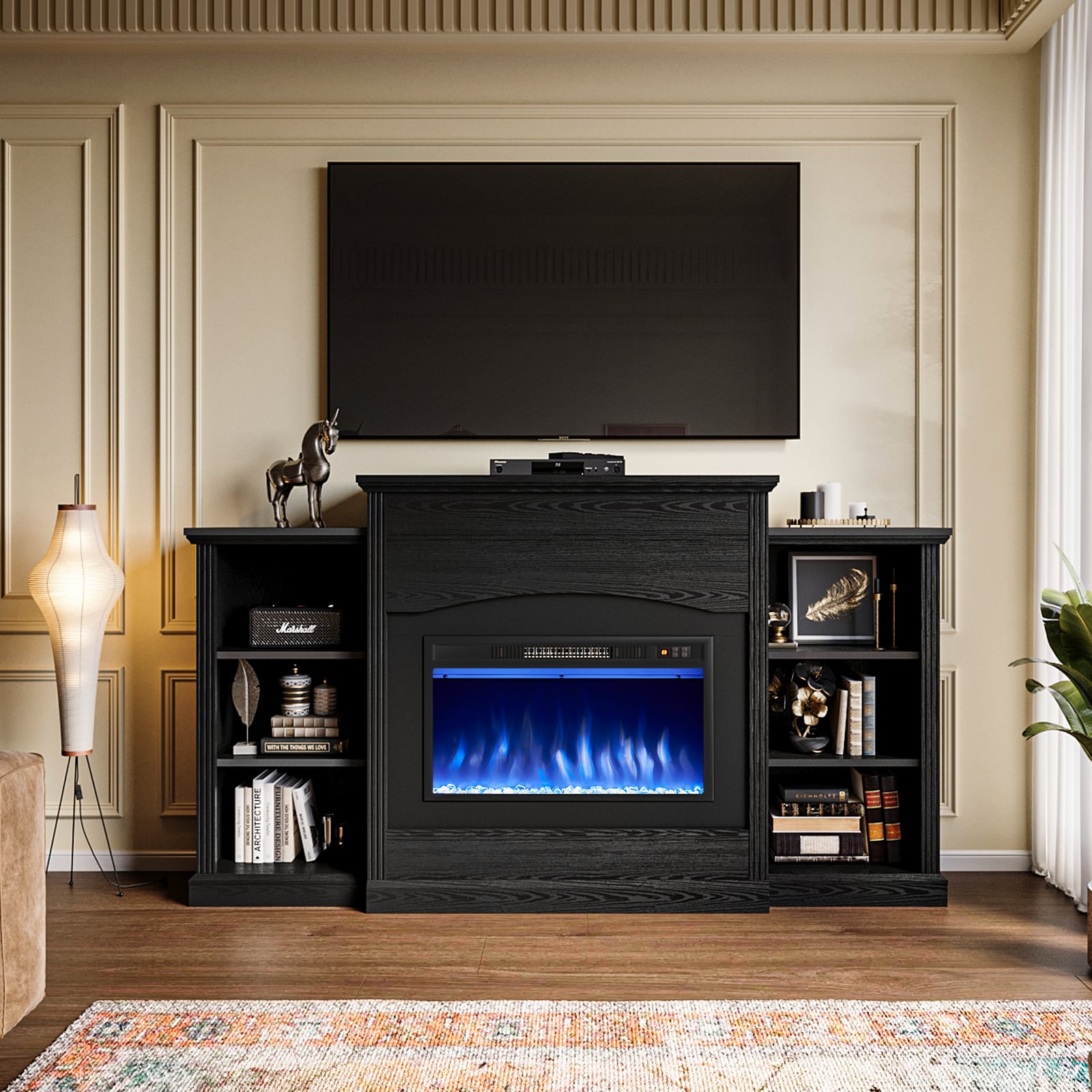 AOXUN H21015BR+H20015 67-Inches W Black TV Stand with LED Flat wall Electric Fireplace with Remote Control Included