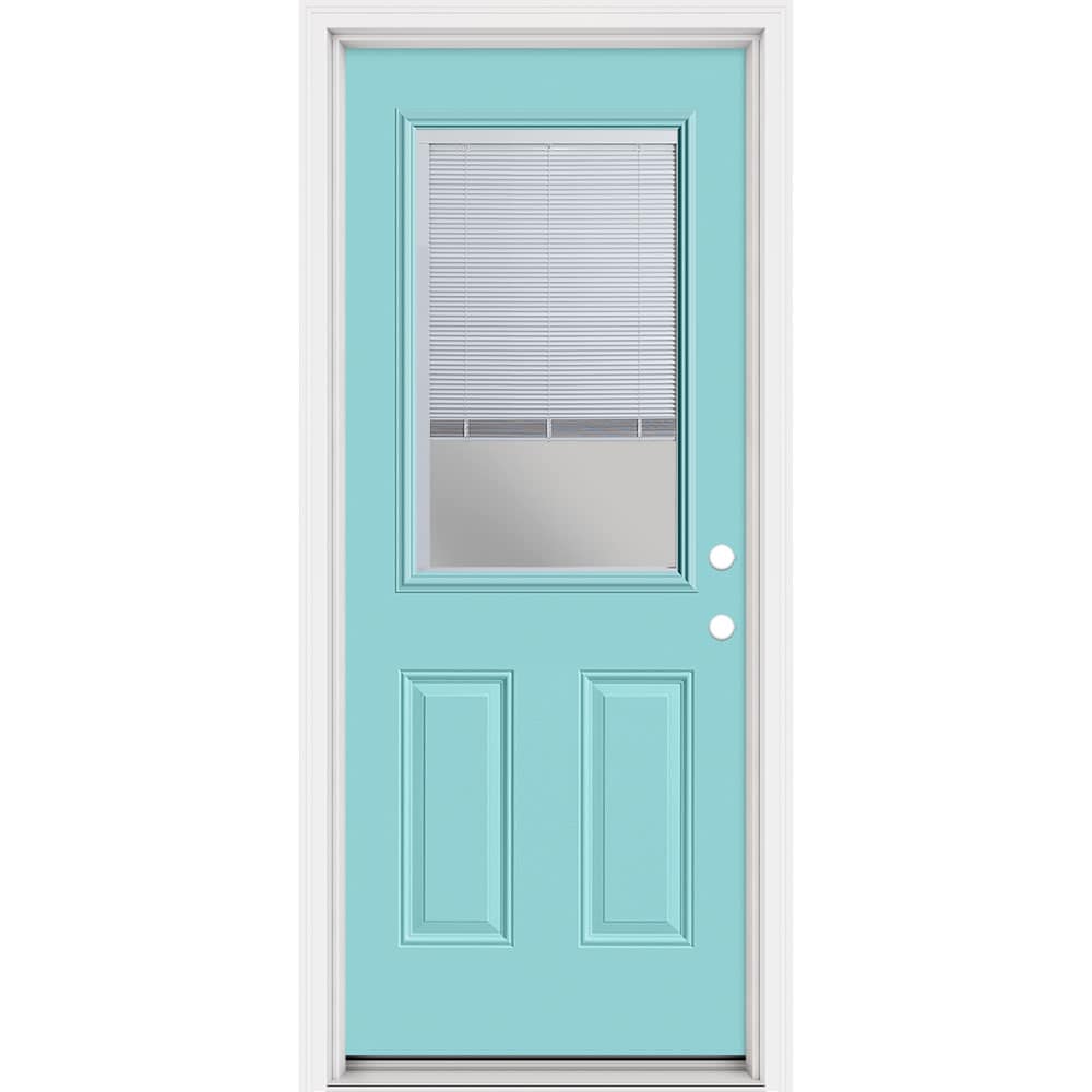 Masonite 321461 Steel Doors Series 32-in x 80-in x 4-9/16-in Steel Half lite Left-hand inswing Caribbean Blue Painted Prehung Front Door with Brickmould Insulating core