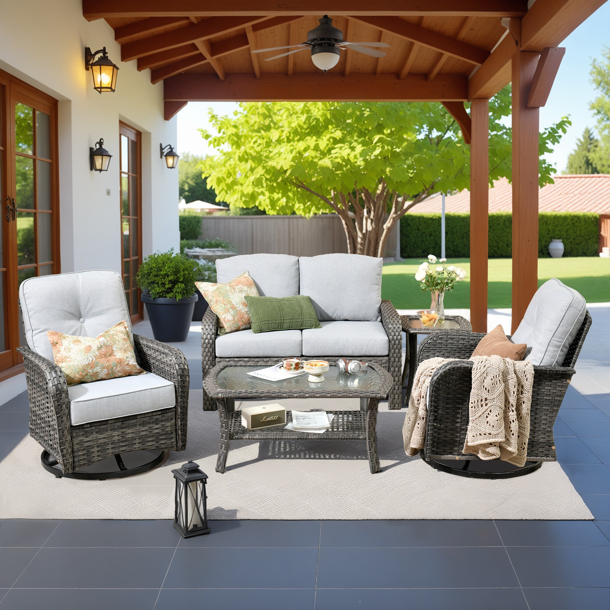 Caodoc L5-YZGNC-GNDS400-51 Golden Years Rattan Outdoor Sectional with Light gray Cushions and Rattan Frame