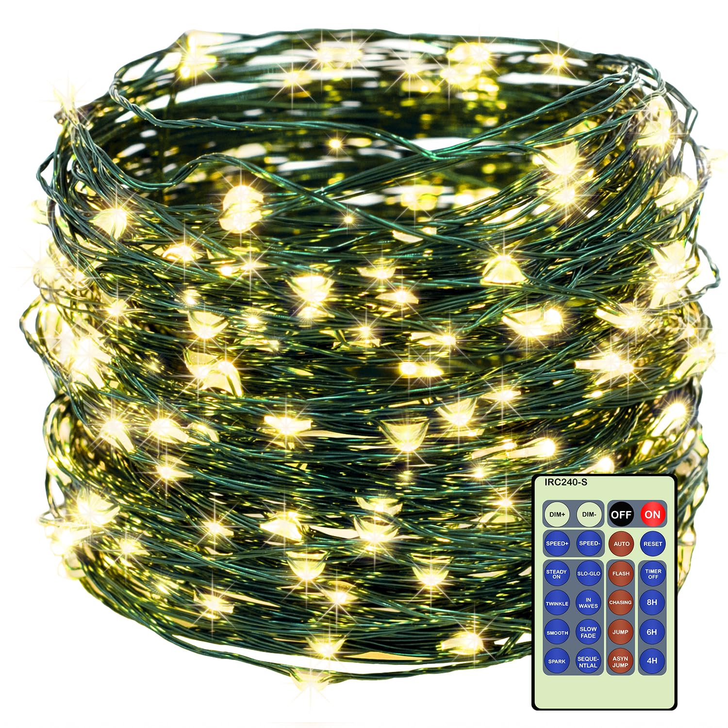 Luupatchy 300-LED 99 ft Dimmable Warm White String Lights with Green Wire Remote Control 12 Modes Timer UL Listed for Indoor Outdoor Christmas Tree Party Wedding