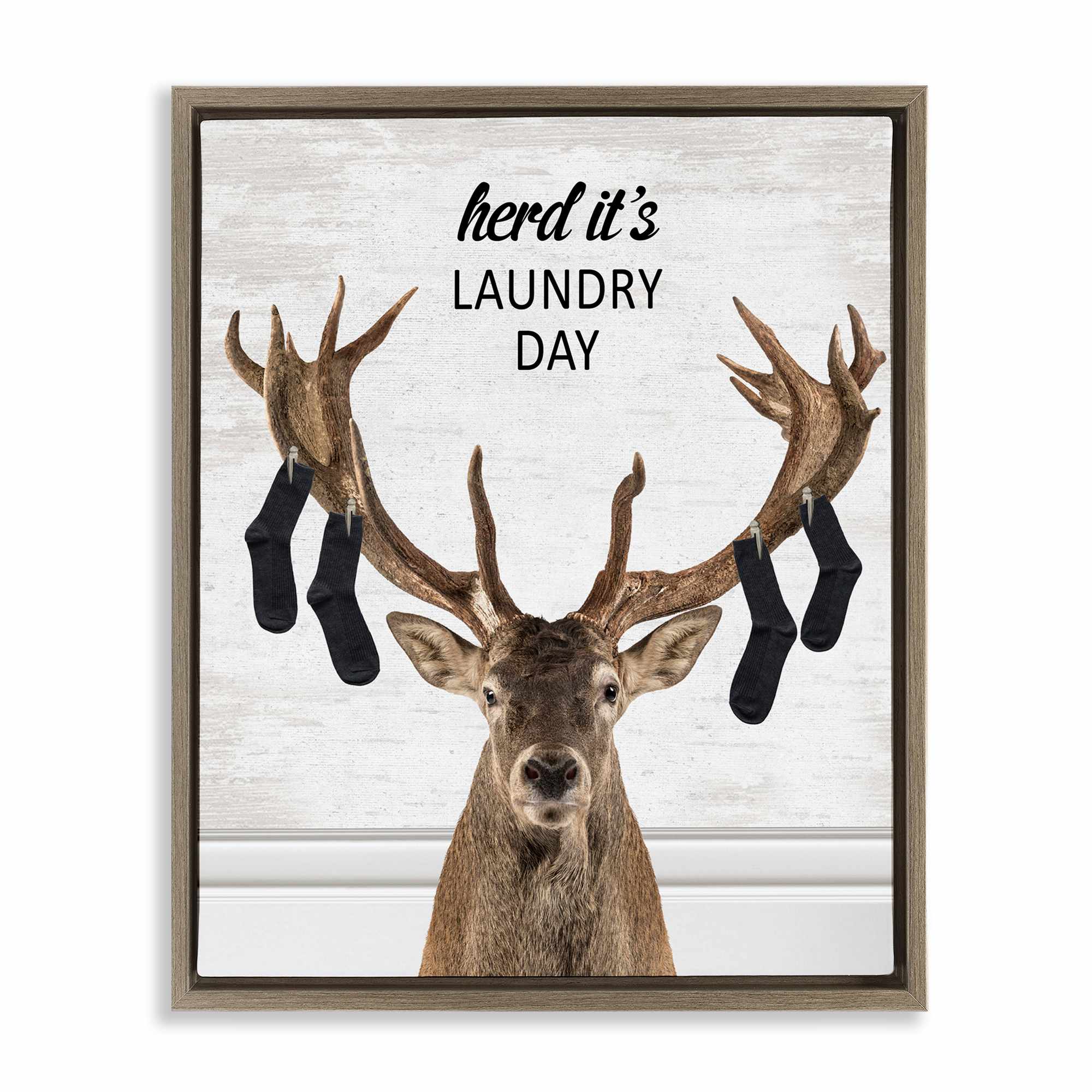 Stupell Industries BS-903-FFE-24X30 Laundry Elk with Hanging Socks Brown Framed Floater Canvas Wall Art By Lettered and Lined 25 x 31