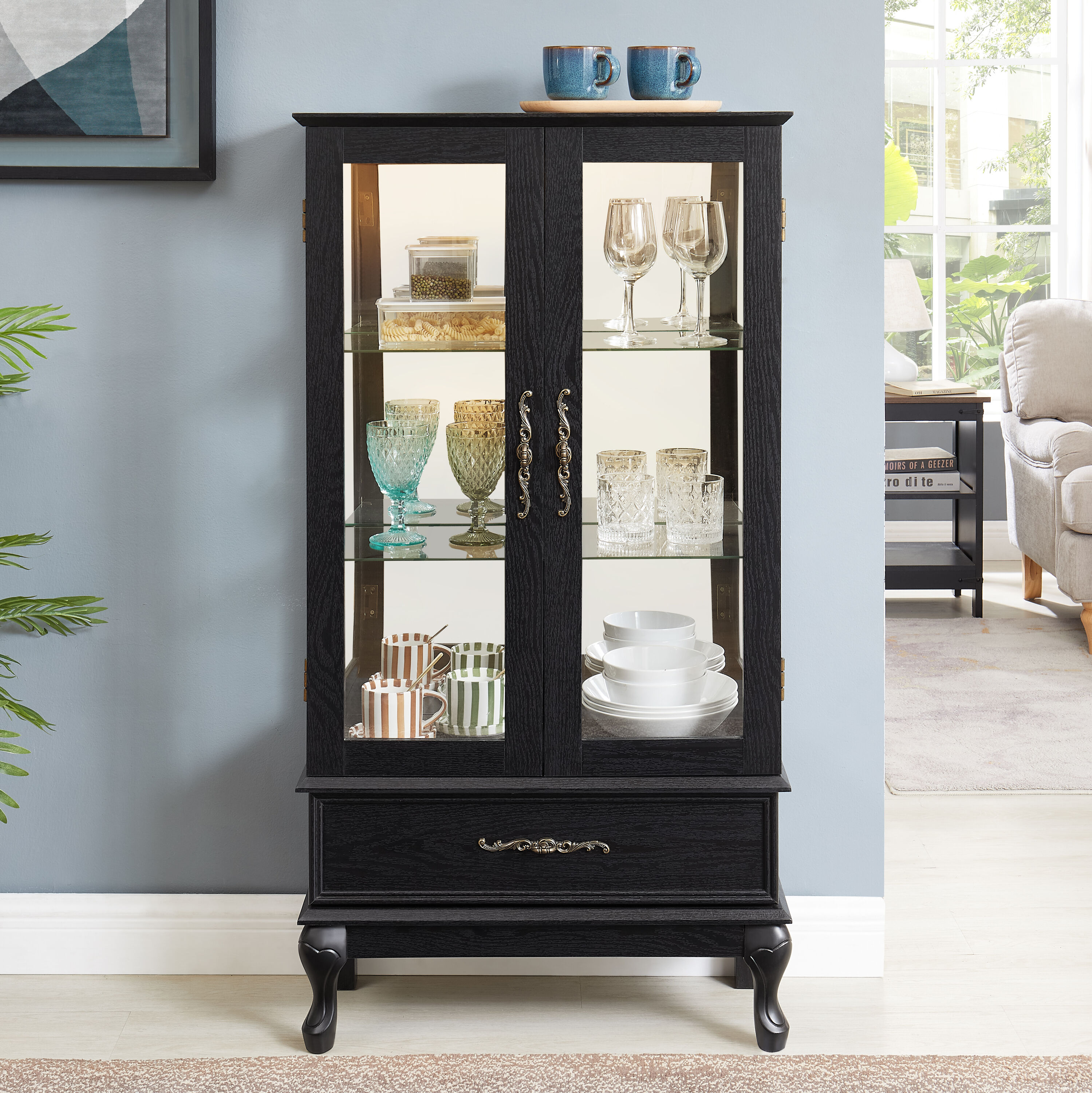 Tatayosi JL-8P297546 Lighted Curio Cabinet with Glass Doors and Adjustable Shelves 2 Door Wine Cabinet Display Curio Cabinet with LED Lights Light Black Finish and Drawer for Home Decor and Storage