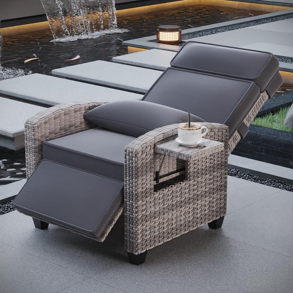 Qeetex LHF-DYQ-PHO-34W8JKNL Outdoor Recliner Chair Rattan Patio Recliner with Air Pump Adjustable Backrest and Footrest 150 Lay Flat Wicker Lounge Recliner Patio Chair with Flip-Up Table and Removable Cushion - Grey