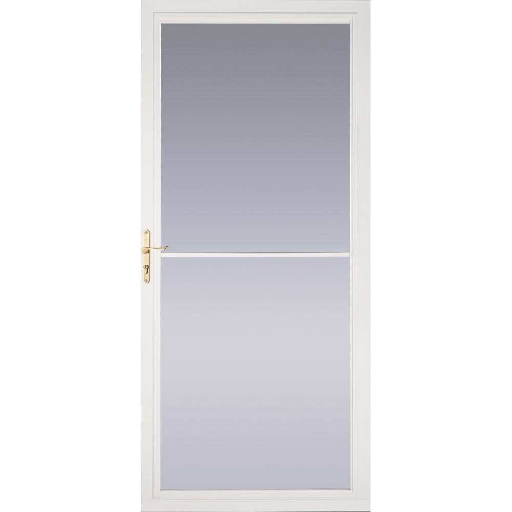 Pella Montgomery 36-in x 81-in White Full-view Retractable Screen Aluminum  Storm Door with Polished Brass Handle at