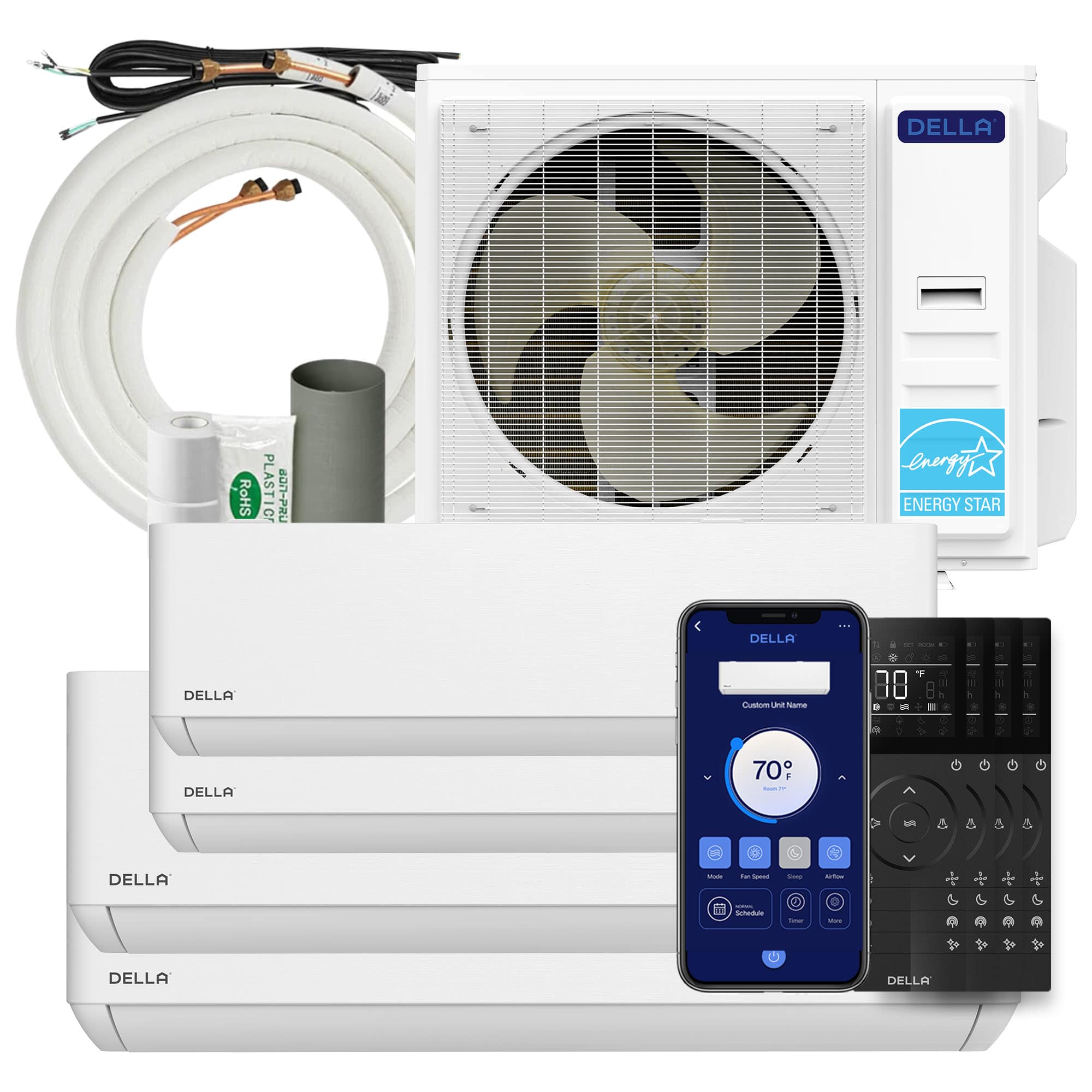 DELLA  36K BTU 4-Zone 6K-9K-12K-12K Soft Airflow Mini Split AC with Heat Pump Fits Up to 1800 Square Feet