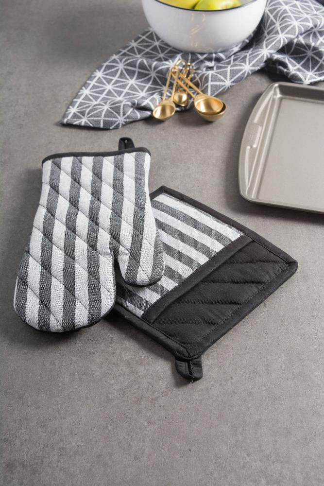 Kitchen Cooking Oven Gloves Set of 2 Herringbone BLACK Pot Mitts