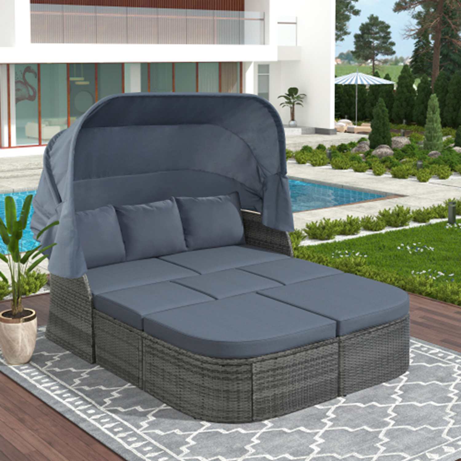 Runesay DABED-04 Daybed Rattan Outdoor Daybed with Gray Cushions and Iron Frame