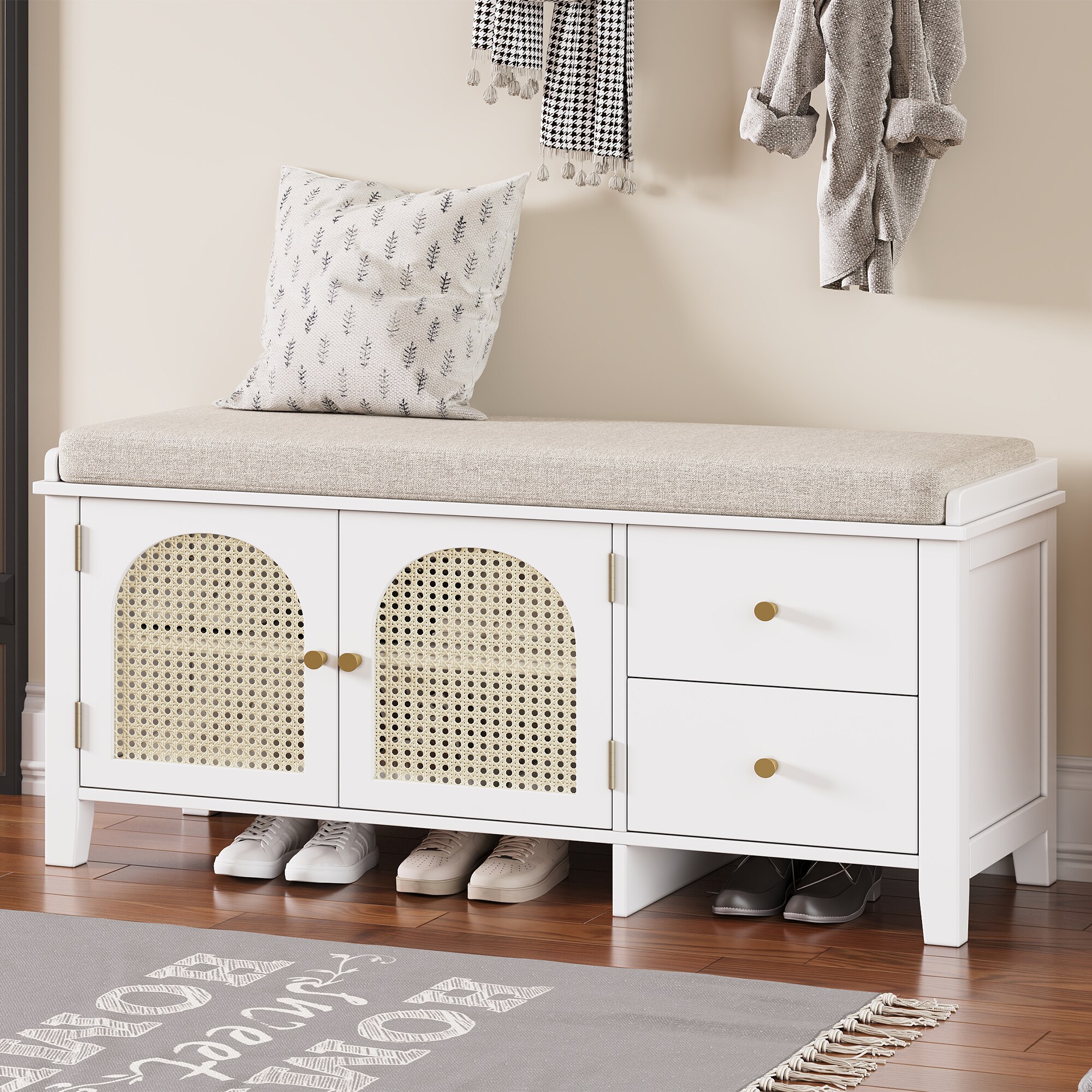 ModernLuxe N715P245263K Shoe Storage Bench Vintage Shoe Bench with Storage and Cushion Shoe Bench with 2 Drawers and 2 Rattan Door for Entryway Bedroom Living Room White