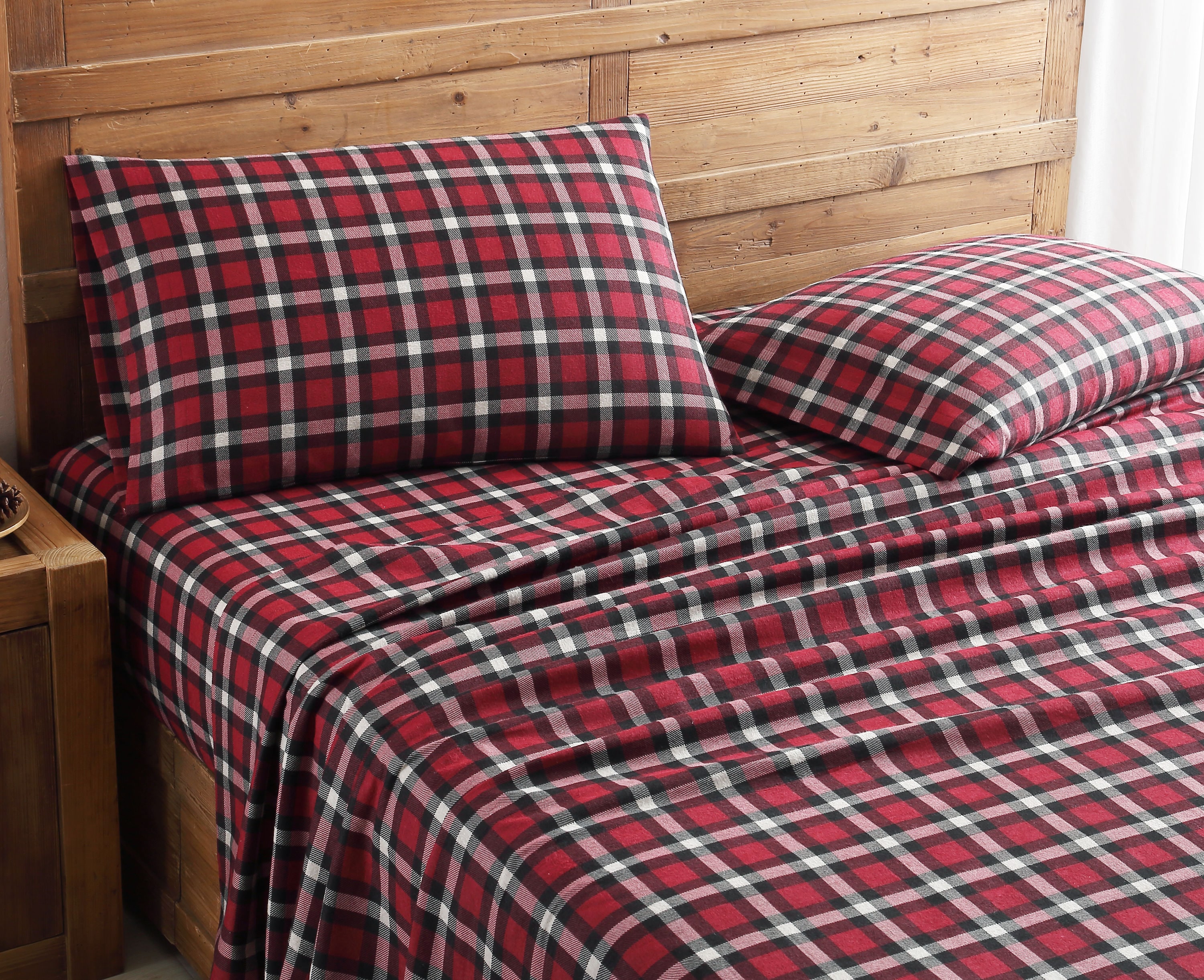 Red And Black Buffalo Plaid Flannel Queen Size Bedsheets 4 Piece Set 100% Cotton 