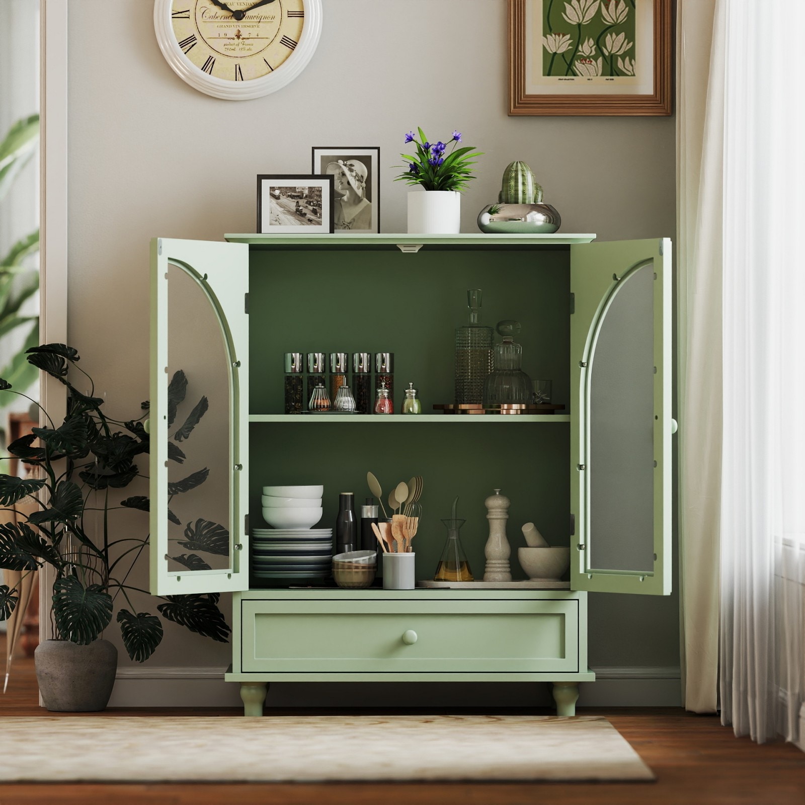 GlasFlength  27.95 Inch Pantry Cabinet with Double Arched Glass Doors Drawer Adjustable Shelf Storage Cabinet for Kitchen Living Room Green