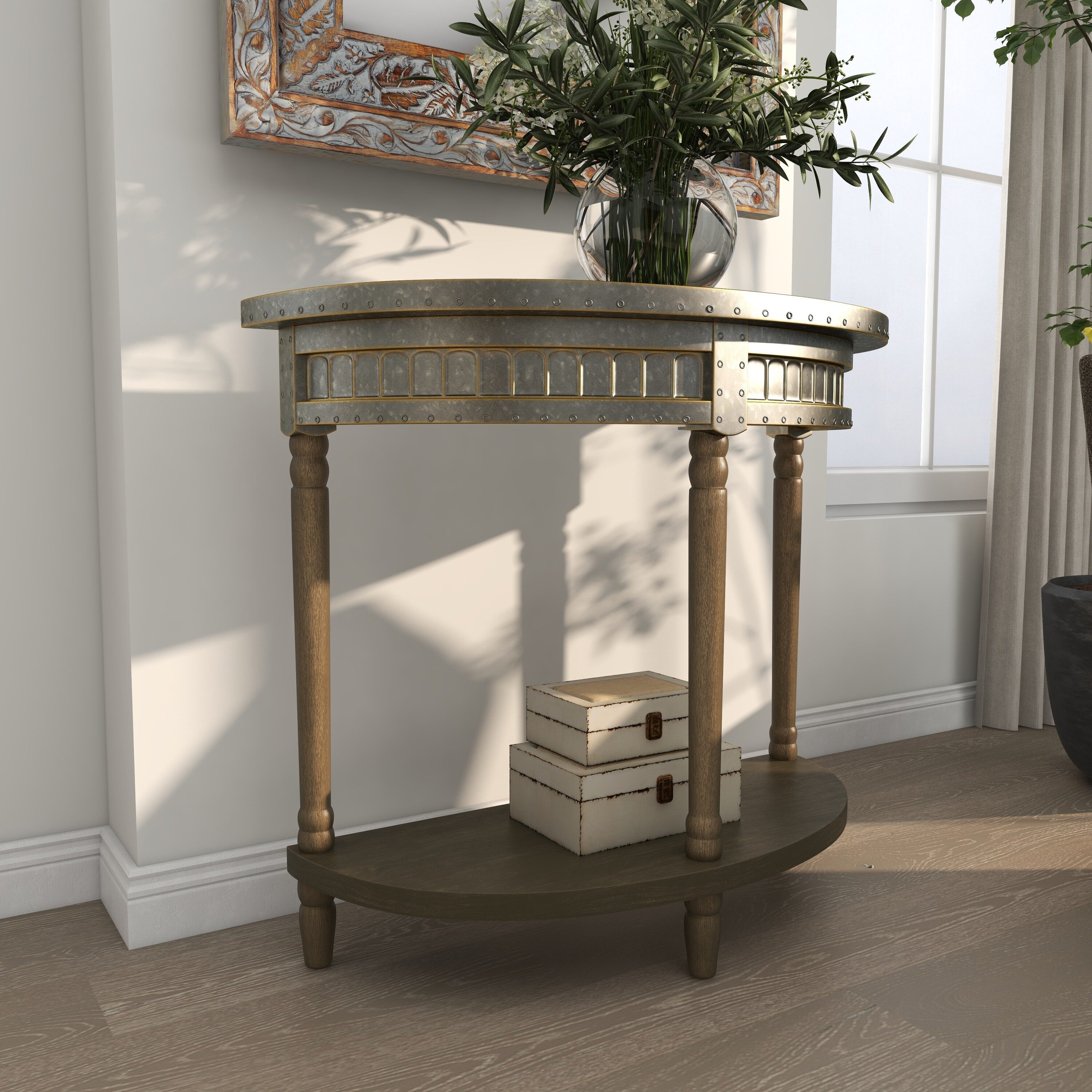Beige and Gray Metal Wood Half Moon Console Table