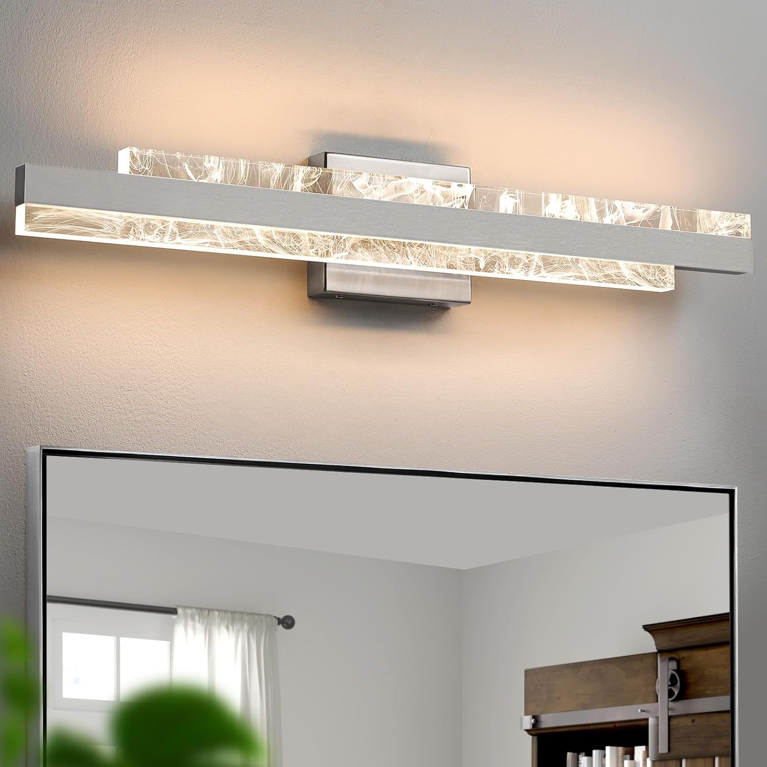 KAISITE 8075WL-28SN-US 27-in 1-Light Brushed Nickel LED Vanity Light Bar Dimmable Wall Sconce Bathroom Light Fixture with 3000K Warm Light