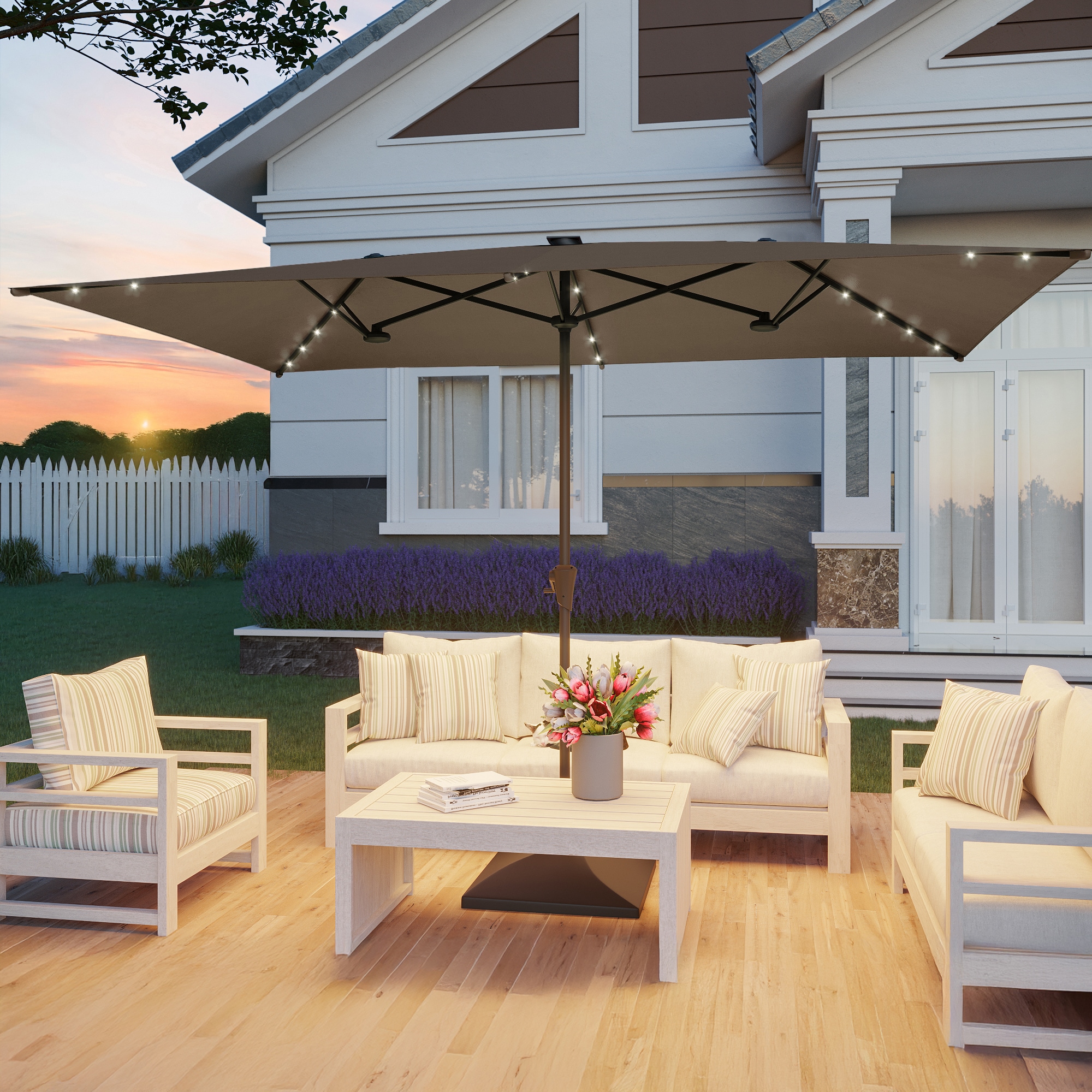 Sonkuki SD-TJLED10TP 6.5-ft Steel Tan No-tilt Market Patio Umbrella with Lights