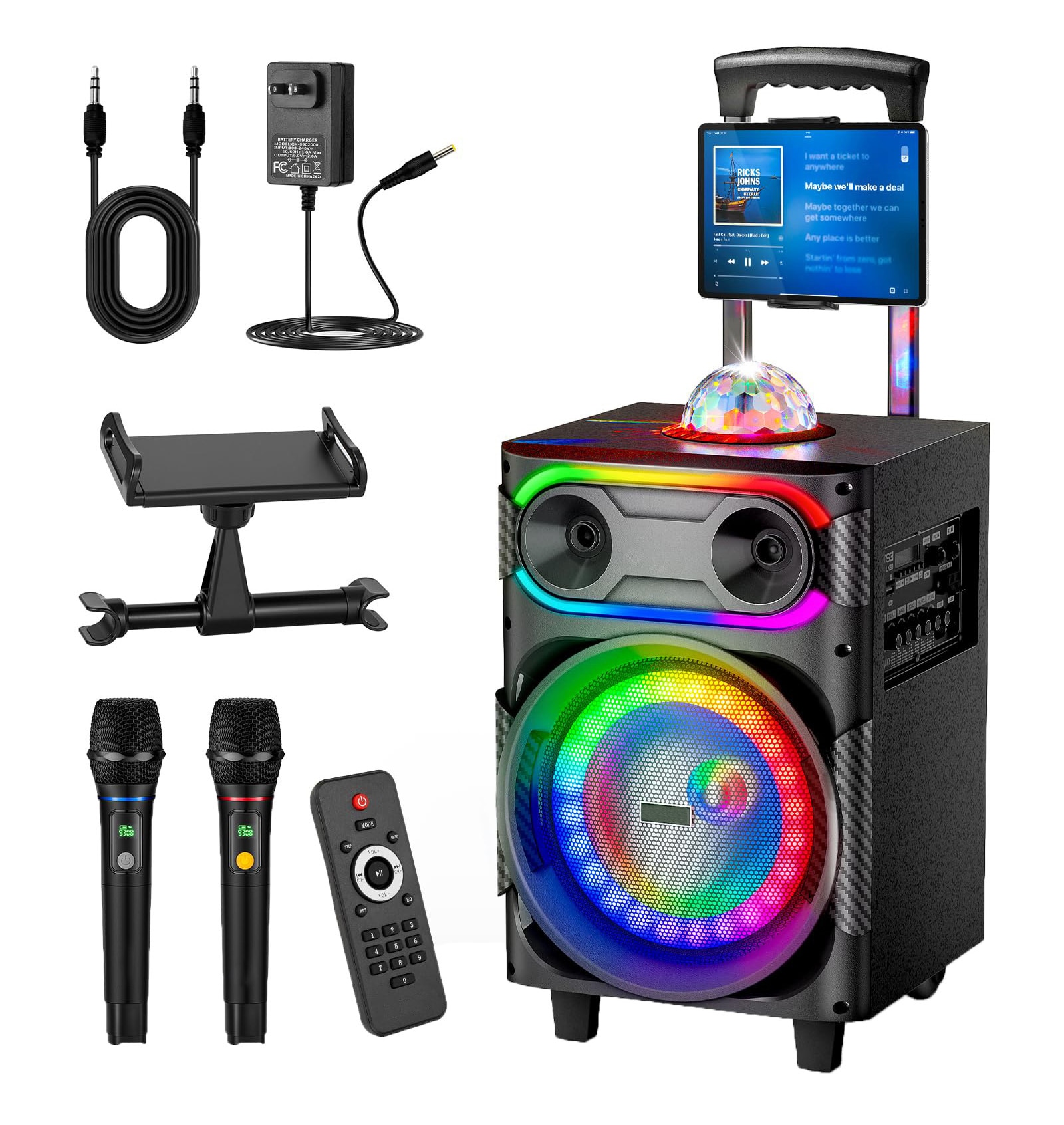 Misopily Karaoke Machine 1 Set with 2 Wireless Microphones Portable 8 Inch Speaker BT PA System Disco Ball LED Lights Trolley and Wheels #LMS0305K28