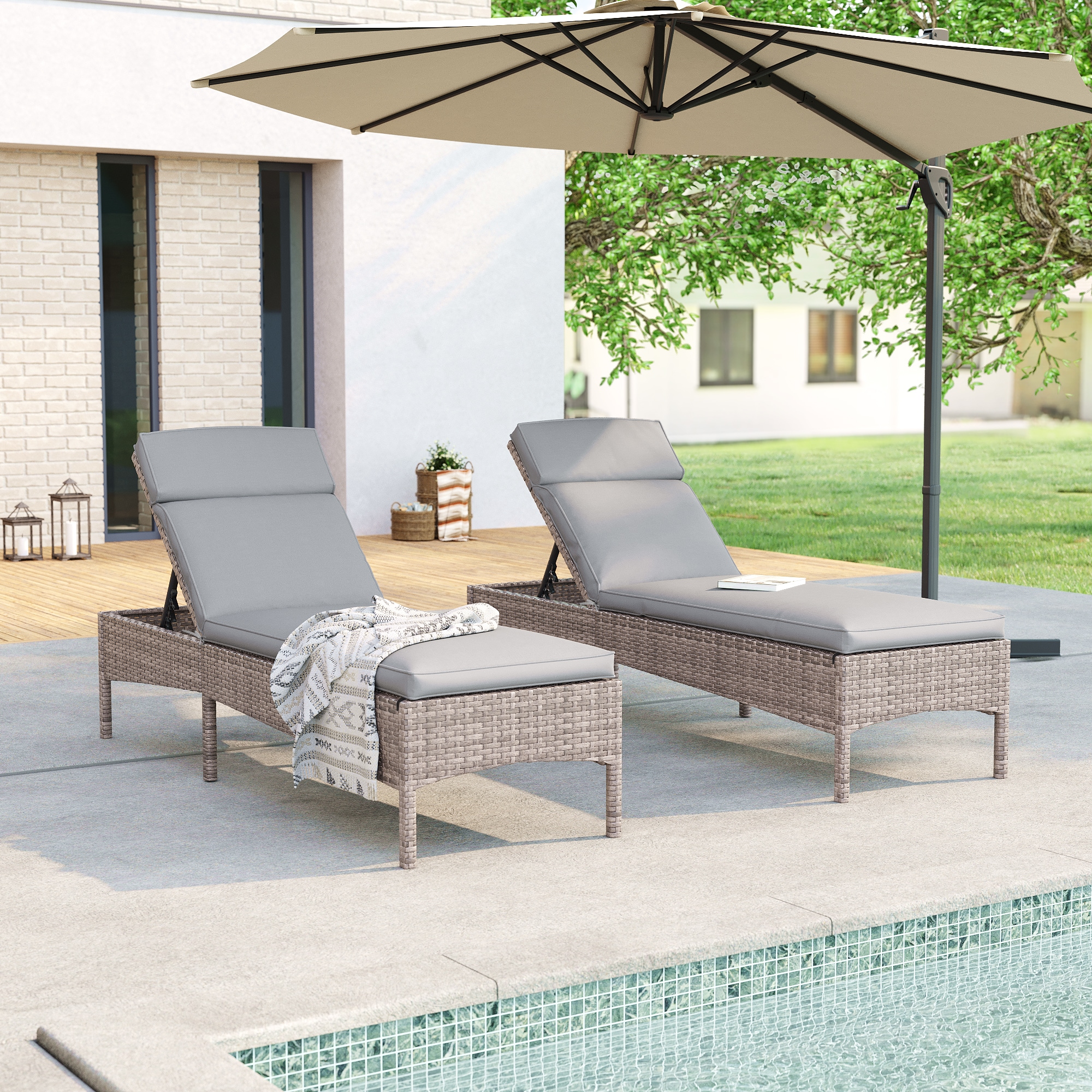 ACEGOSES LW-723-GY-2 Patio chairs Set of 2 Wicker Gray Steel Frame Stationary Chaise Lounge Chair with Gray Cushioned Seat