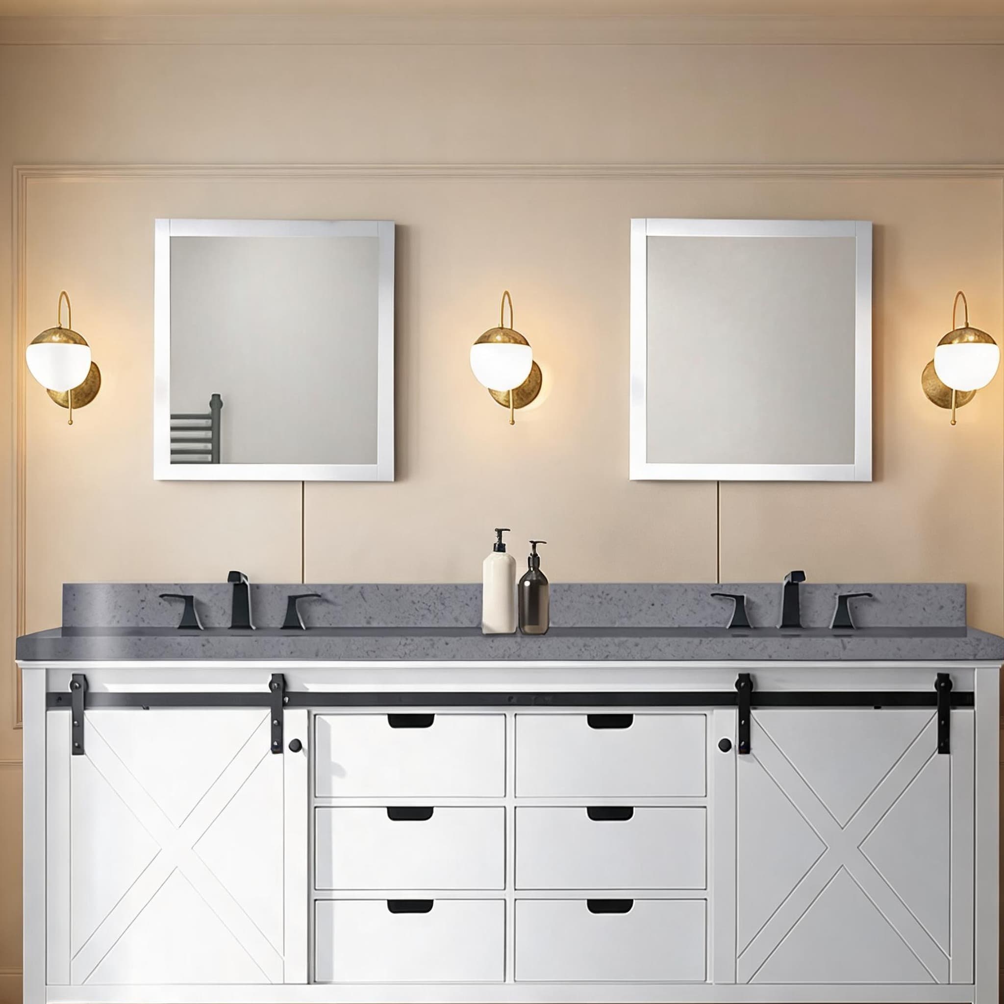 Naturefalls - 84-Inch Double Bathroom Vanity in Crisp White with Grey Quartz Top and Matte Black ...