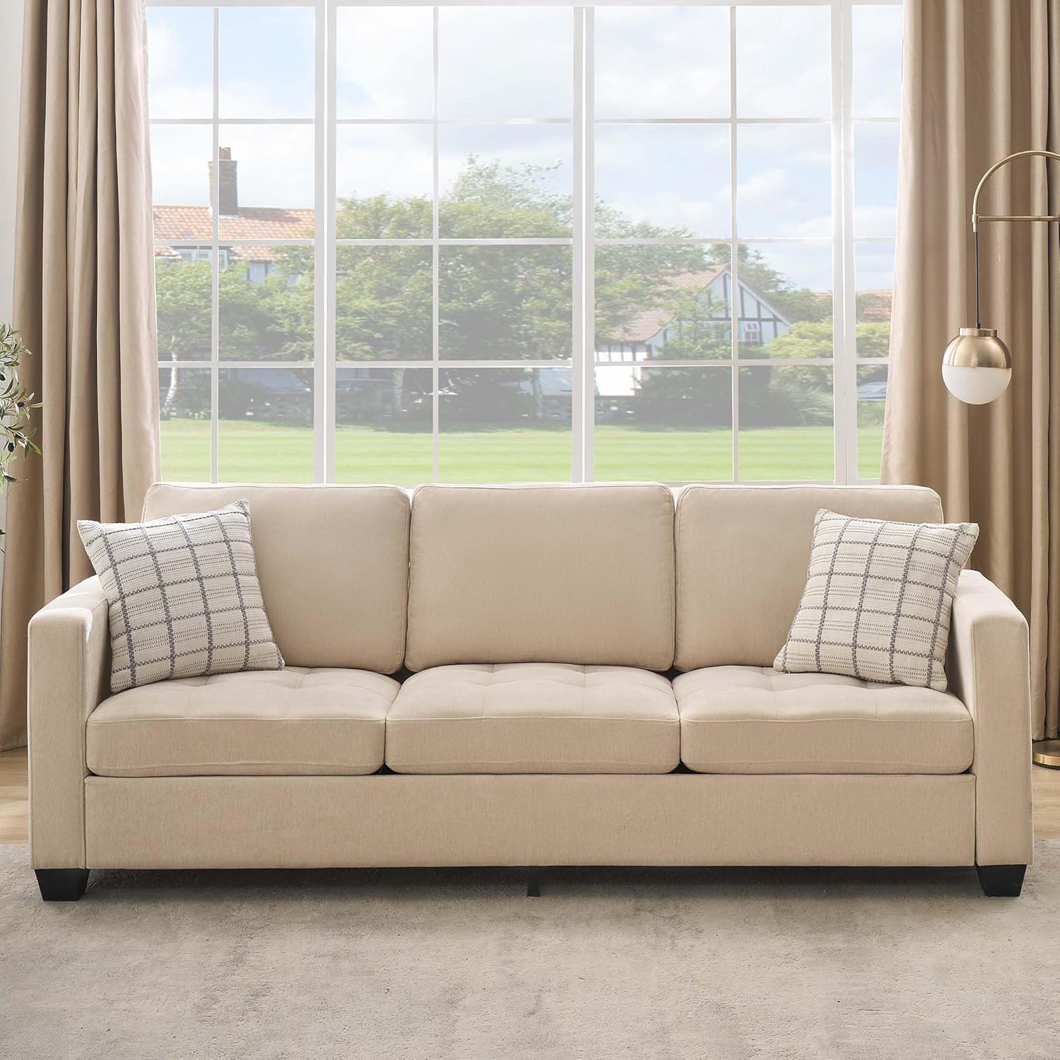 Qeetex LXL-PHO-345D3GGJ 3 Seat Sofa Modern with Armrests Comfy with Extra Deep for Living Room Bedroom and Office Beige