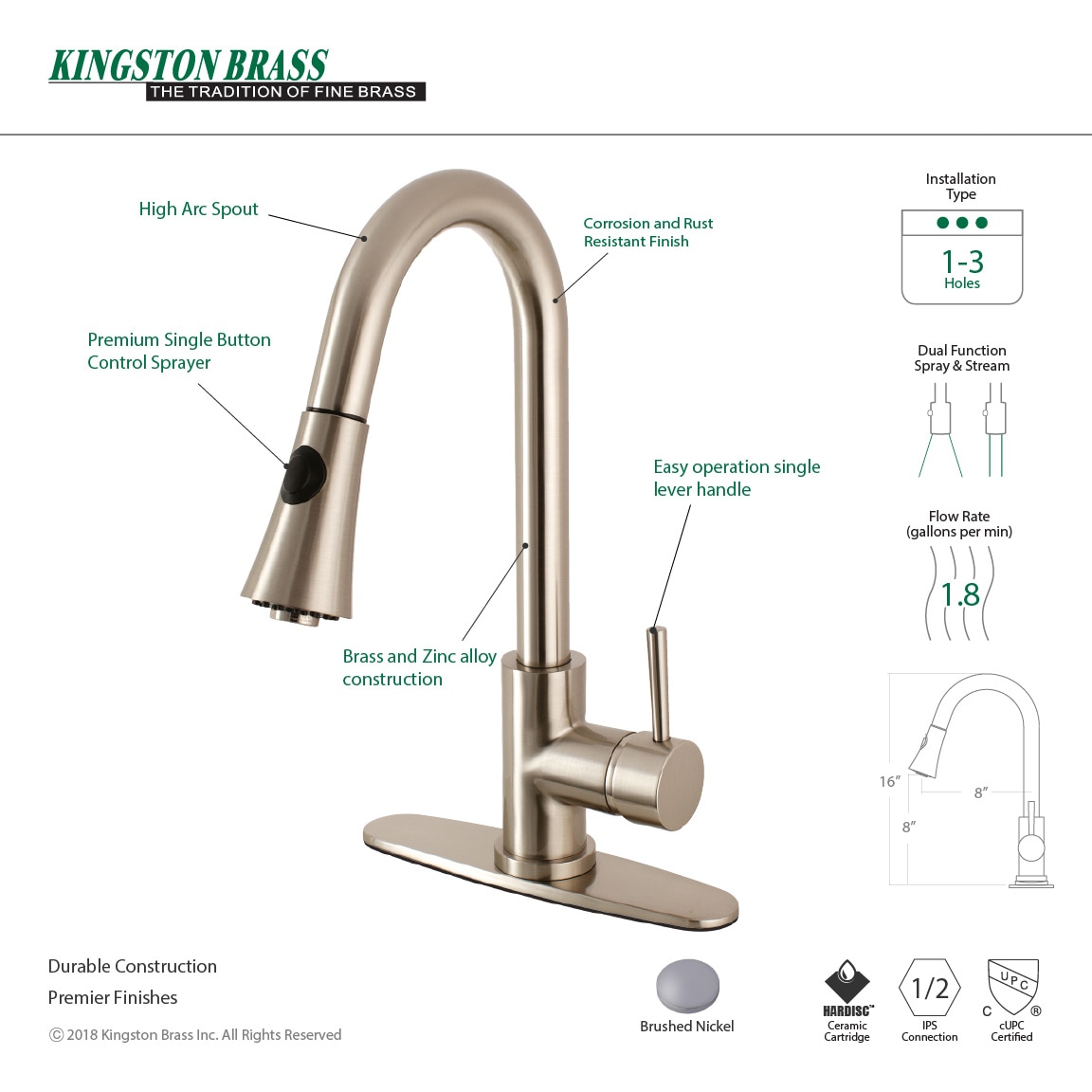 Kingston Brass Concord Brushed Nickel Single Handle Pull Down Kitchen Faucet With Sprayer Deck 9791