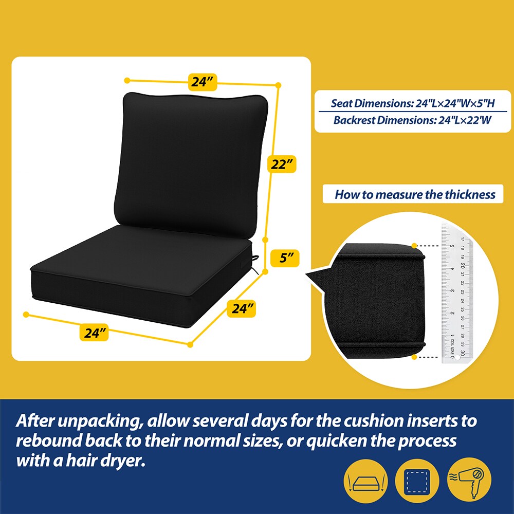 Deep Seating Foam Back Chair Cushion Set, 24 x 27 x 5 Seat and 24 x 21  x 3 Back, Sunbrella Solids