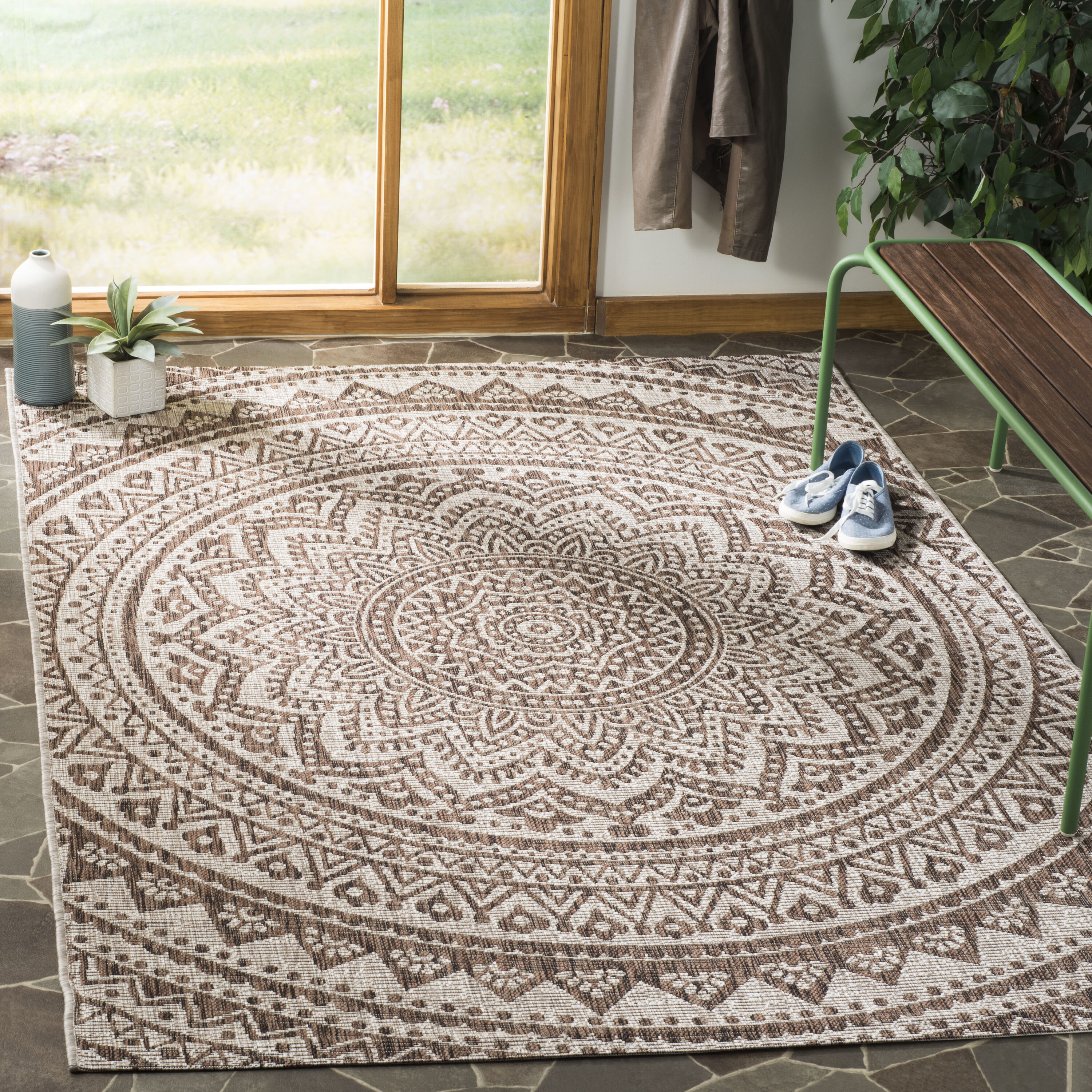 Safavieh CY8734-36312-5SQ Courtyard Bora 5 x 5 (ft) Loomed Polypropylene Light Beige/Light Brown Square Indoor/Outdoor Abstract Area rug