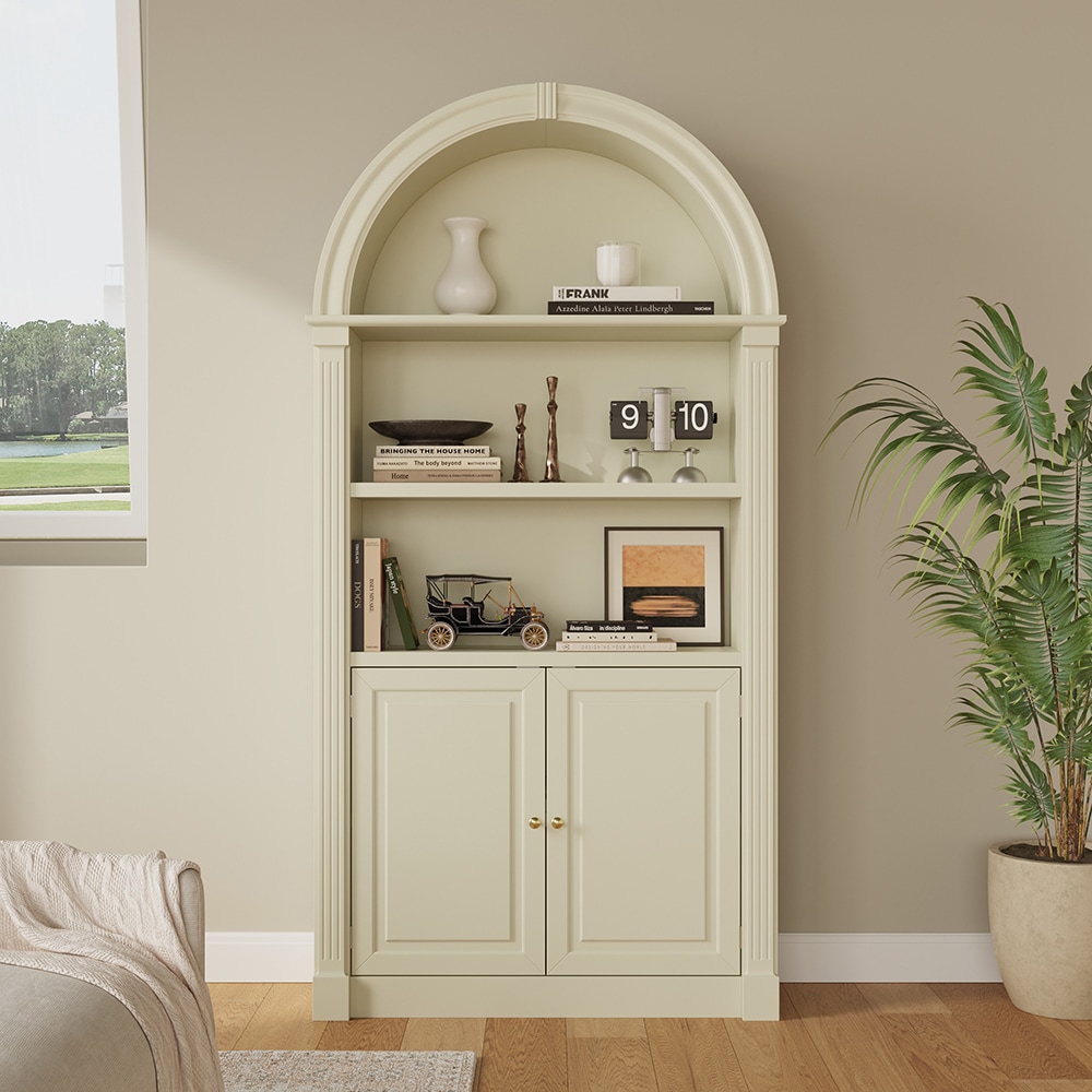 Homsee  Cream 71 inch Arch Top Wood Bookcase With Cabinet Doors Tall Display Shelf For Living Room And Office