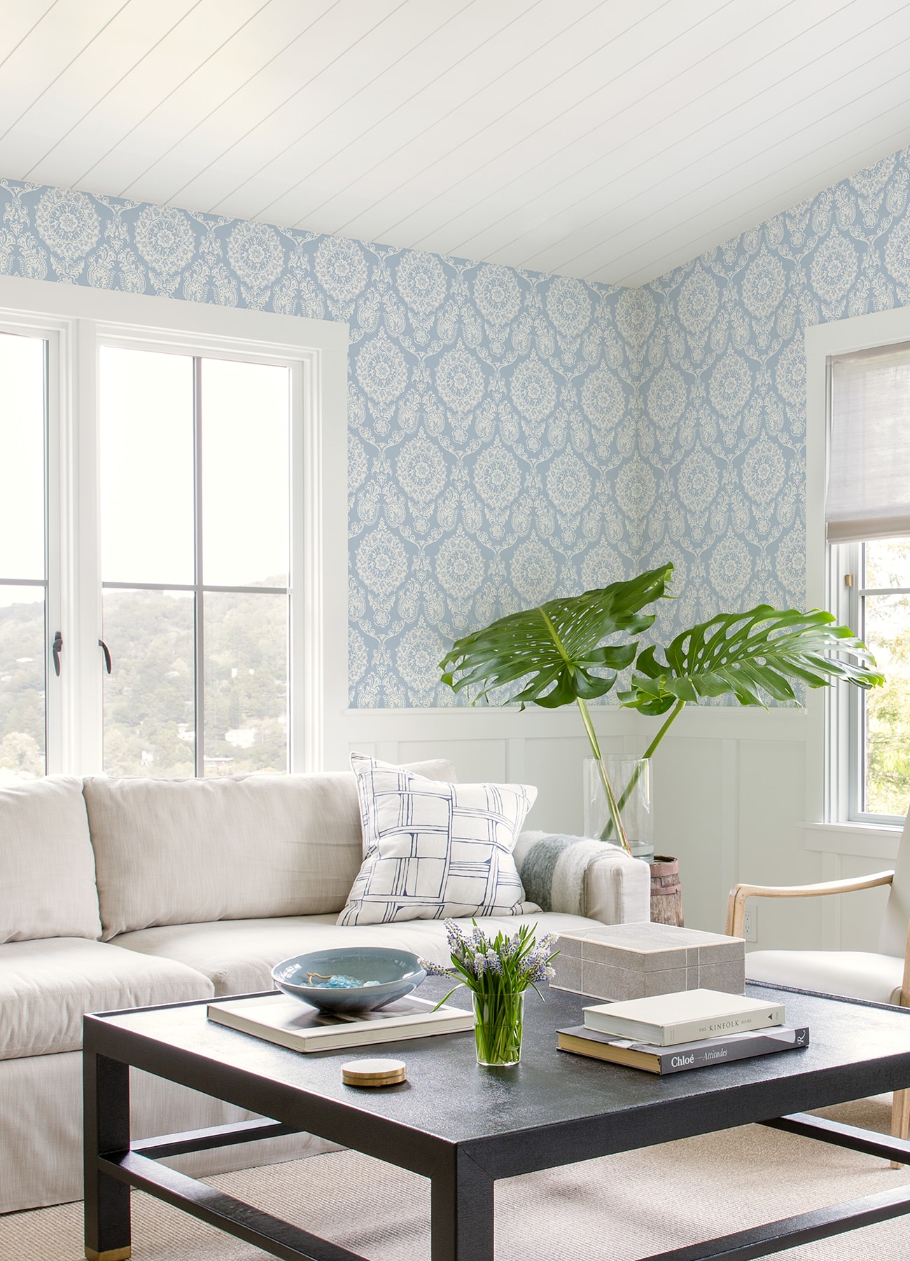 Helm Damask Light Blue and White Floral Medallion Wallpaper