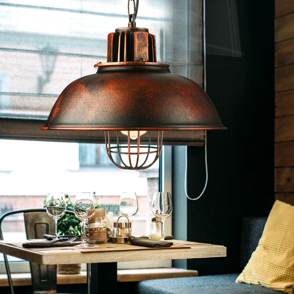 Oukaning HG-ZYLGJ-1851 Wrought Iron Polished 12.99-in Bronze Industrial Dome Medium Hanging Pendant light