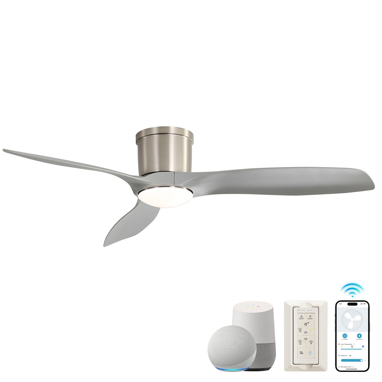 Tatayosi JL-363510 52 Inch Smart Ceiling Fan With Light Flush Mount Ceiling Fan With Remote Control Grey ABS Blades 18W Dimmable Light