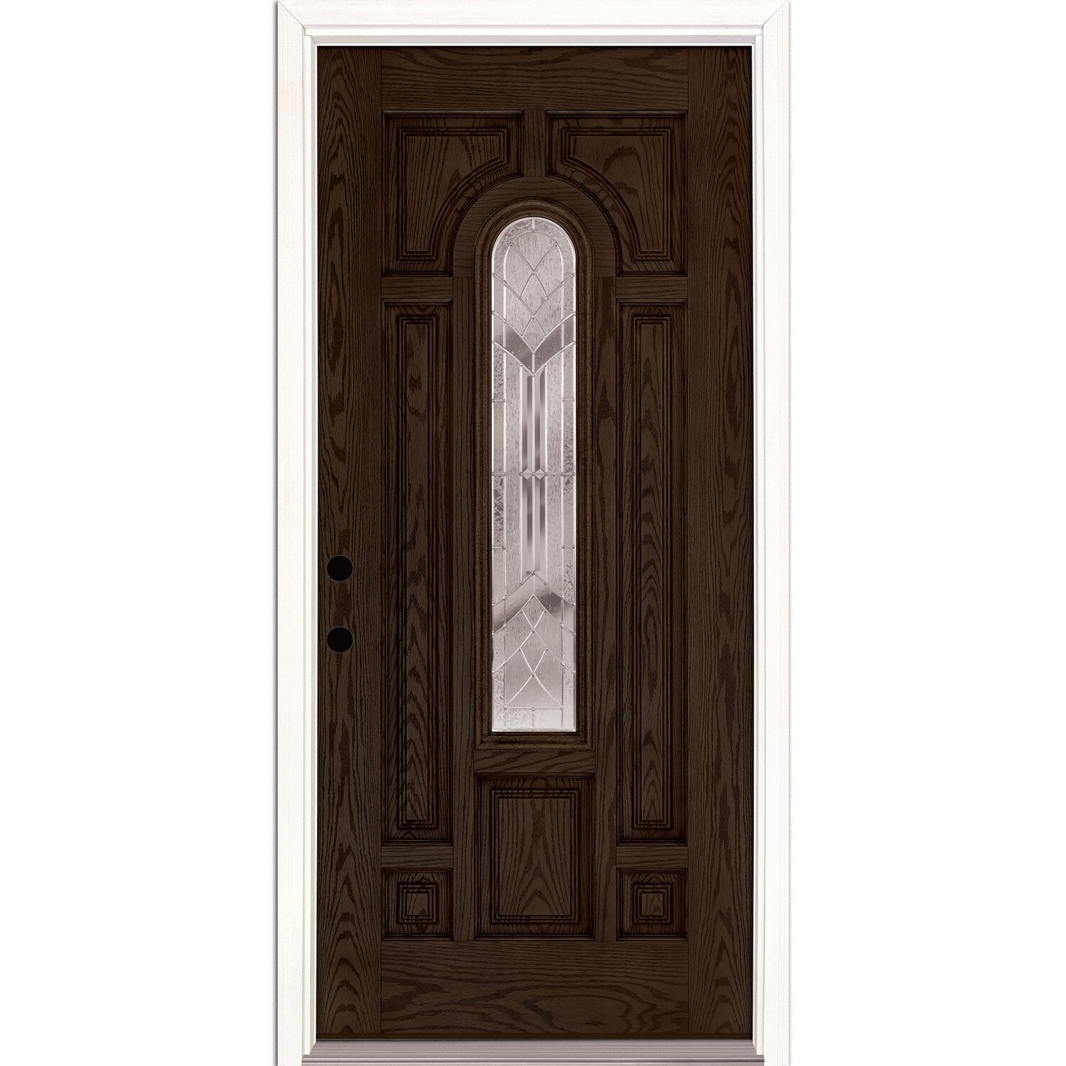Feather River FL3R29T1 Pomona 36-in x 80-in x Fiberglass Center arch lite Right-hand inswing Hand Stained Walnut Stained Prehung Single door Front Door with Brickmould Insulating core Decorative glass