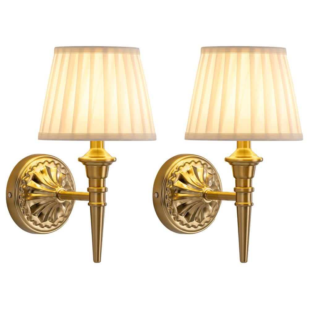 Aoibox  2 Pack Cordless Wall Sconces Touch Control Stepless Dimming 5200mAh Rechargeable LED Wall Lamps with Fabric Shade for Bedroom Living Room Hallway Gold