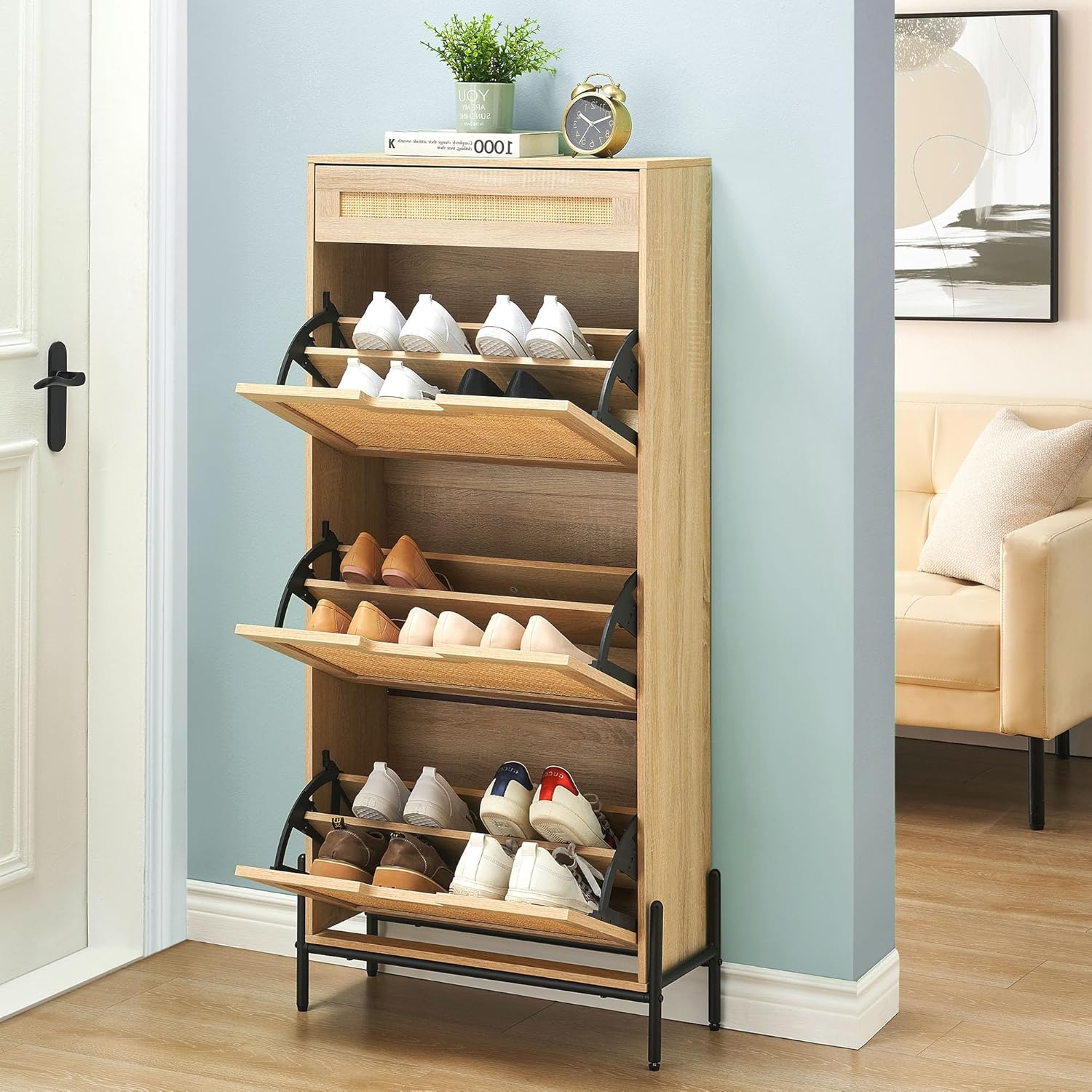 Der Rose 629832732417 3 Flip Drawers Shoe Storage Cabinet With 1 Drawer Freestanding Narrow Shoe Rack Cabinet With  Metal Legs for Hallway Entryway