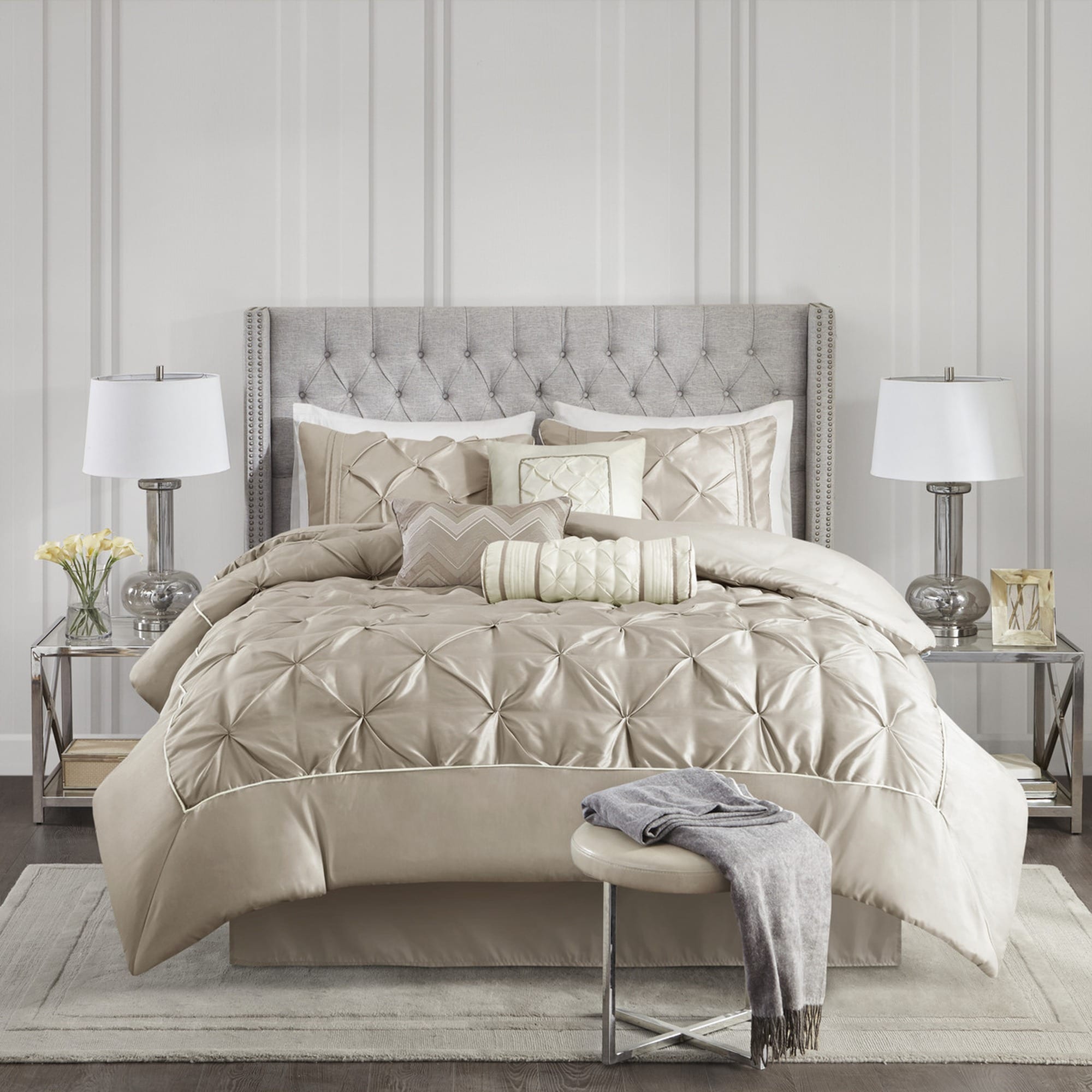 HyperDrop Cart Queen Taupe Grade A 7-Piece Tufted Comforter Set - Heavy-Duty Reinforced for Guest Room