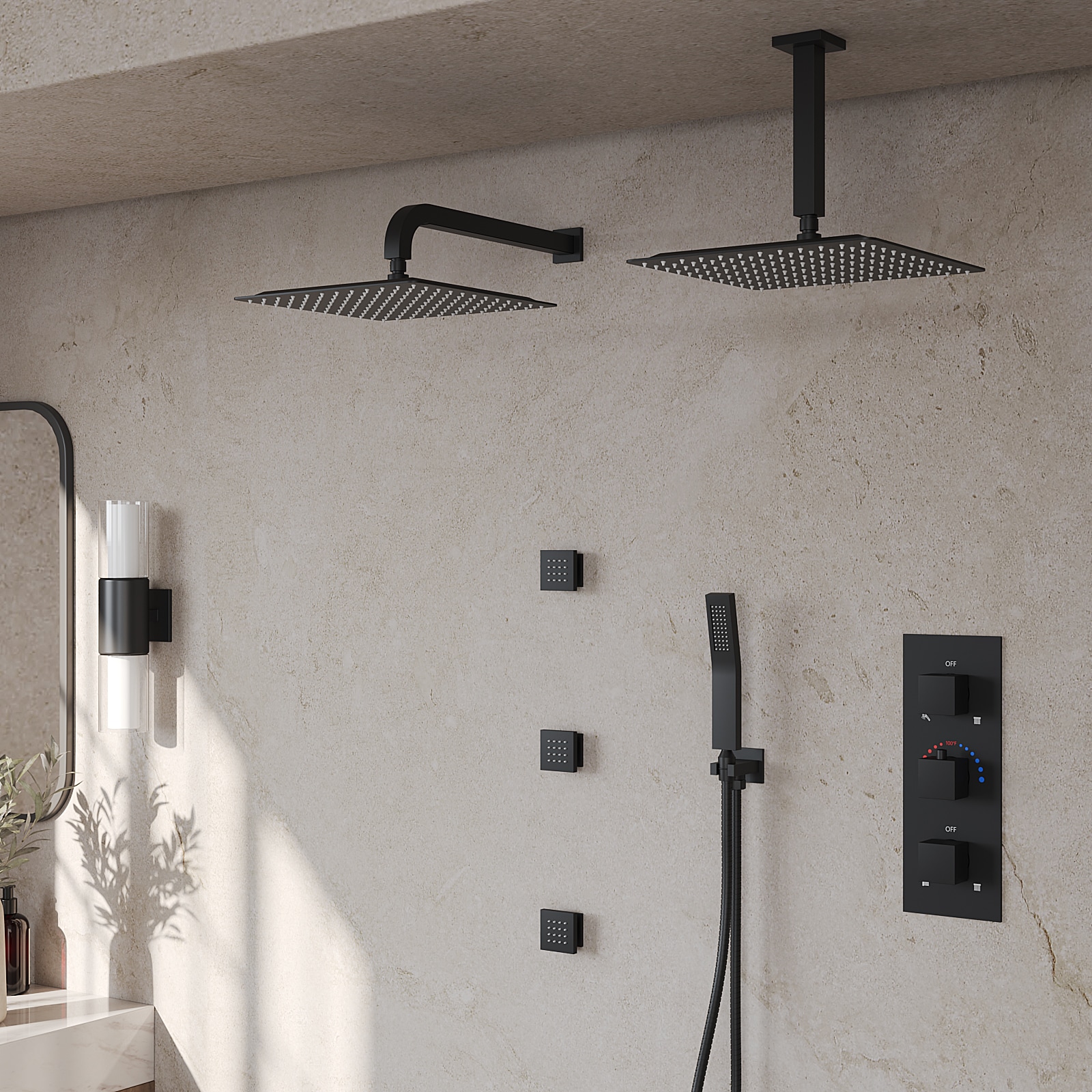 GRANDJOY SFS-1070-BK12 ZenithRain Matte Black 12-Inches Dual Head Built-In Shower Faucet System with 2-way Diverter ( Thermostatic Valve Included )