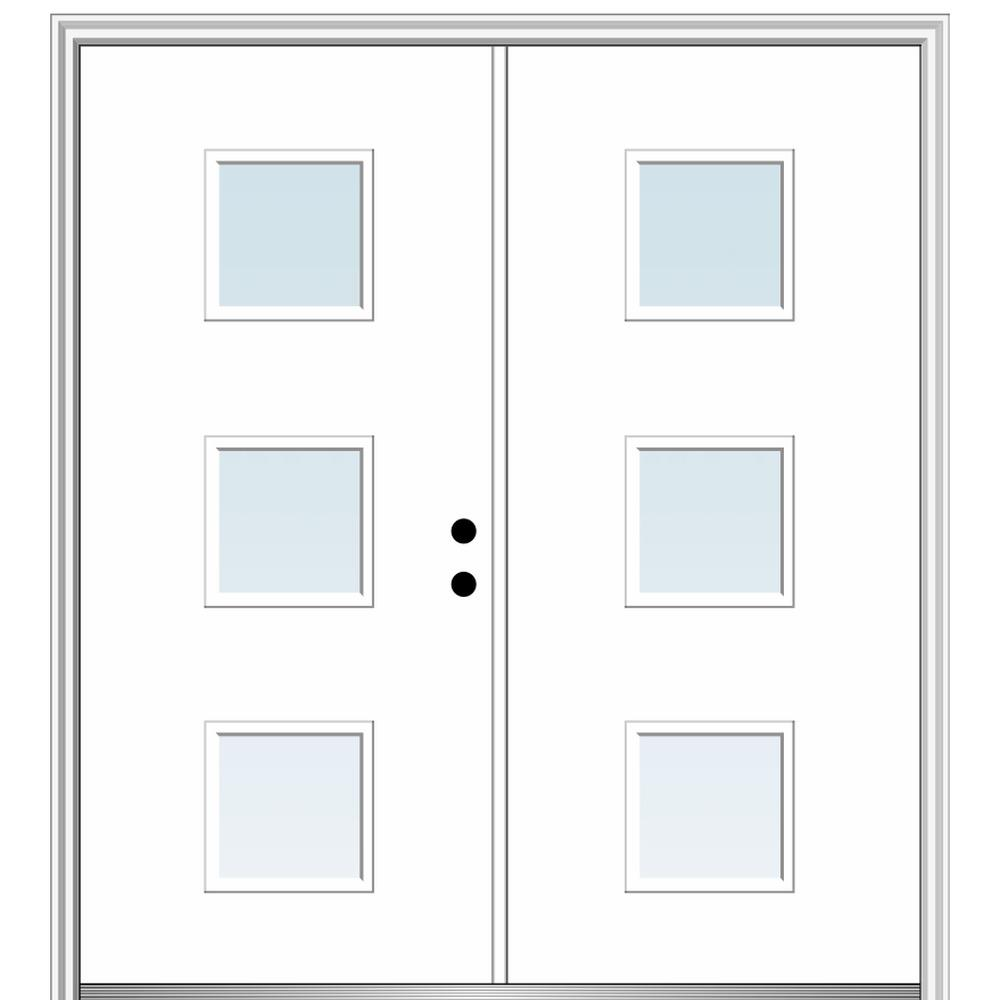 MMI DOOR ZZ346127L Spotlights 60-in x 80-in x 4-9/16-in Fiberglass Pulse lite Left-hand inswing Brilliant White Painted Prehung Double Front Door with Brickmould Insulating core