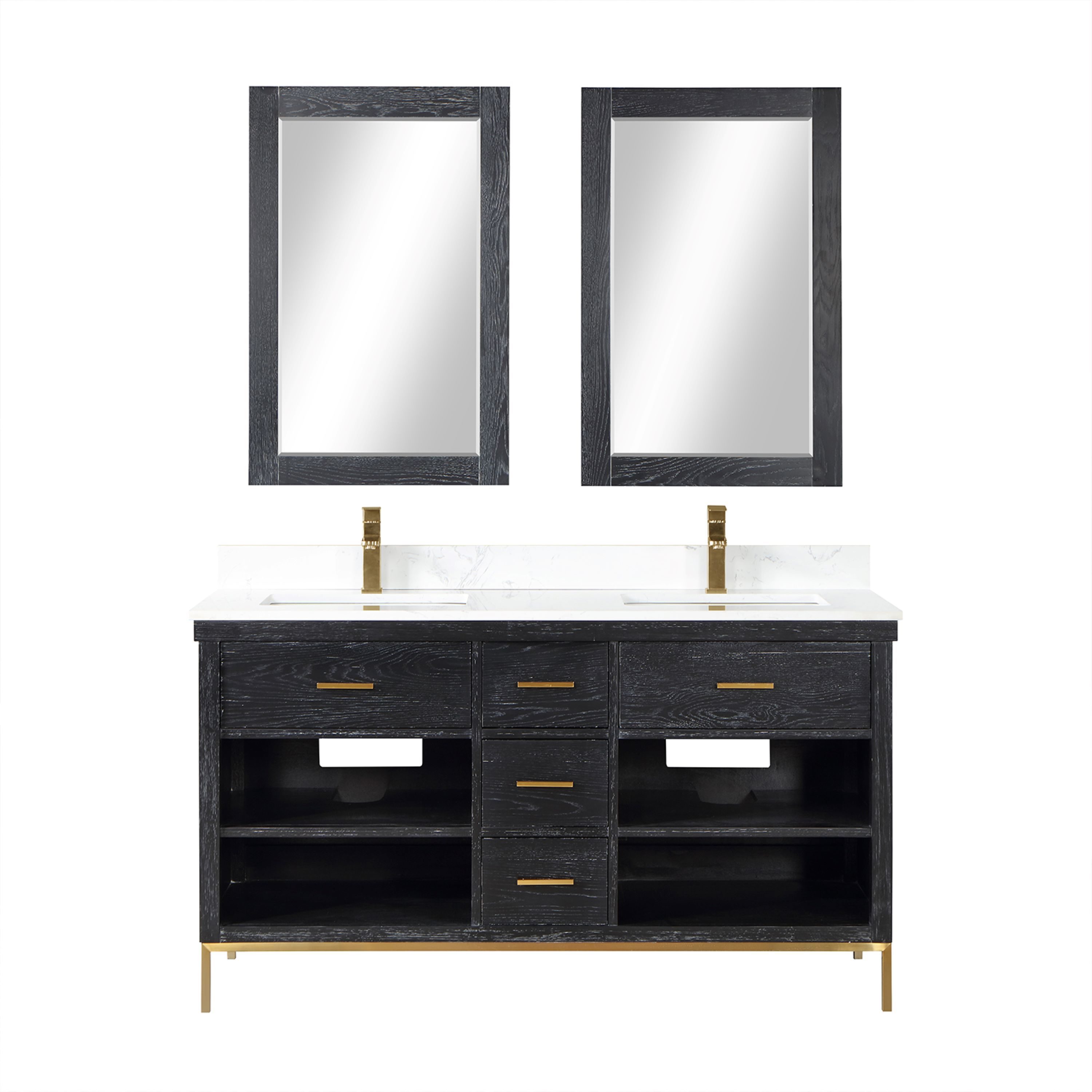 Altair 545060-BO-AW Kesia 60-in Black Oak Undermount Double sink Bathroom Vanity with Aosta White Engineered marble Top (Mirror Included)