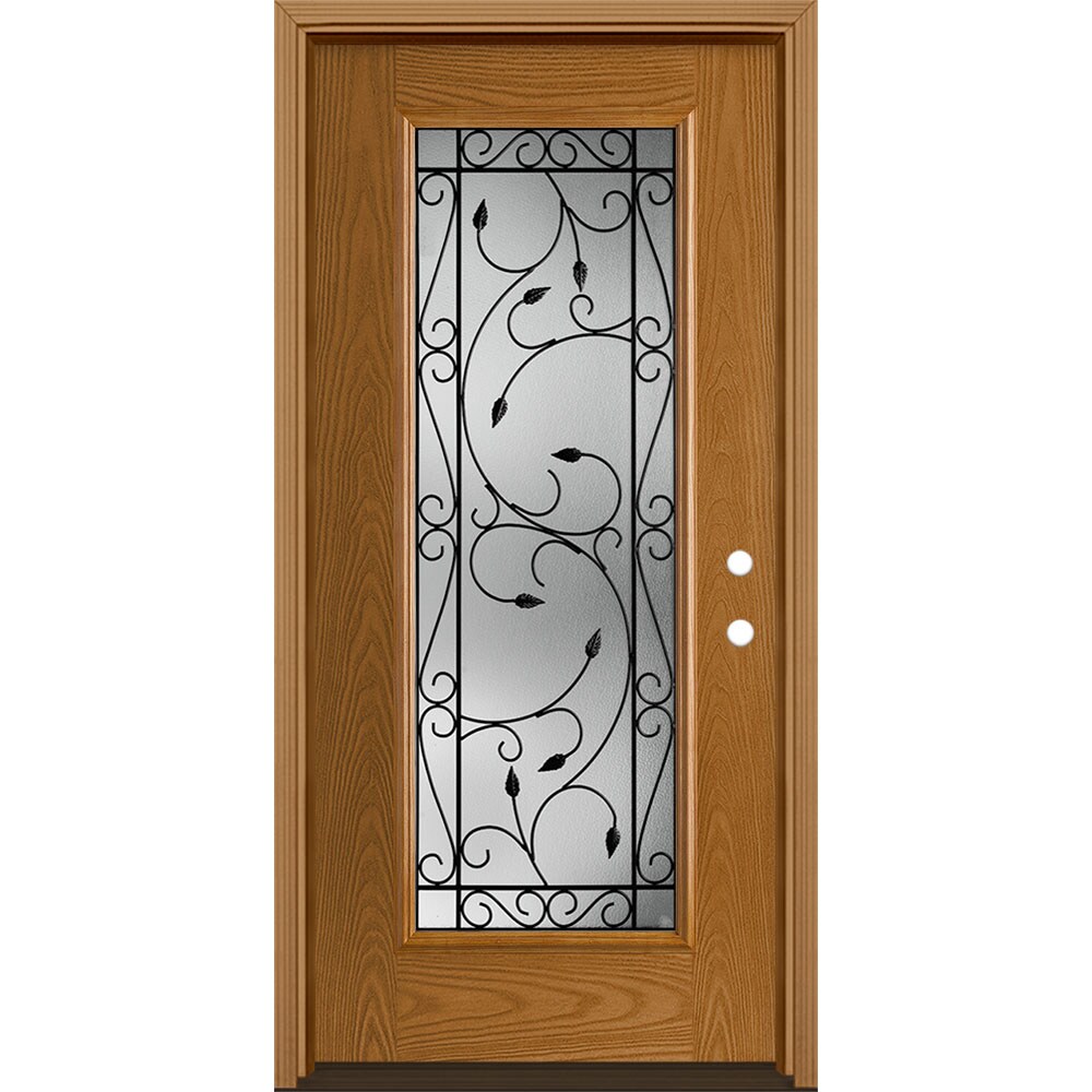 Masonite 3422433 Pergola 36-in x 80-in x 4-9/16-in Fiberglass Full lite Left-hand inswing Oakcrest Stained Prehung Single door Front Door with Brickmould Insulating core Decorative glass