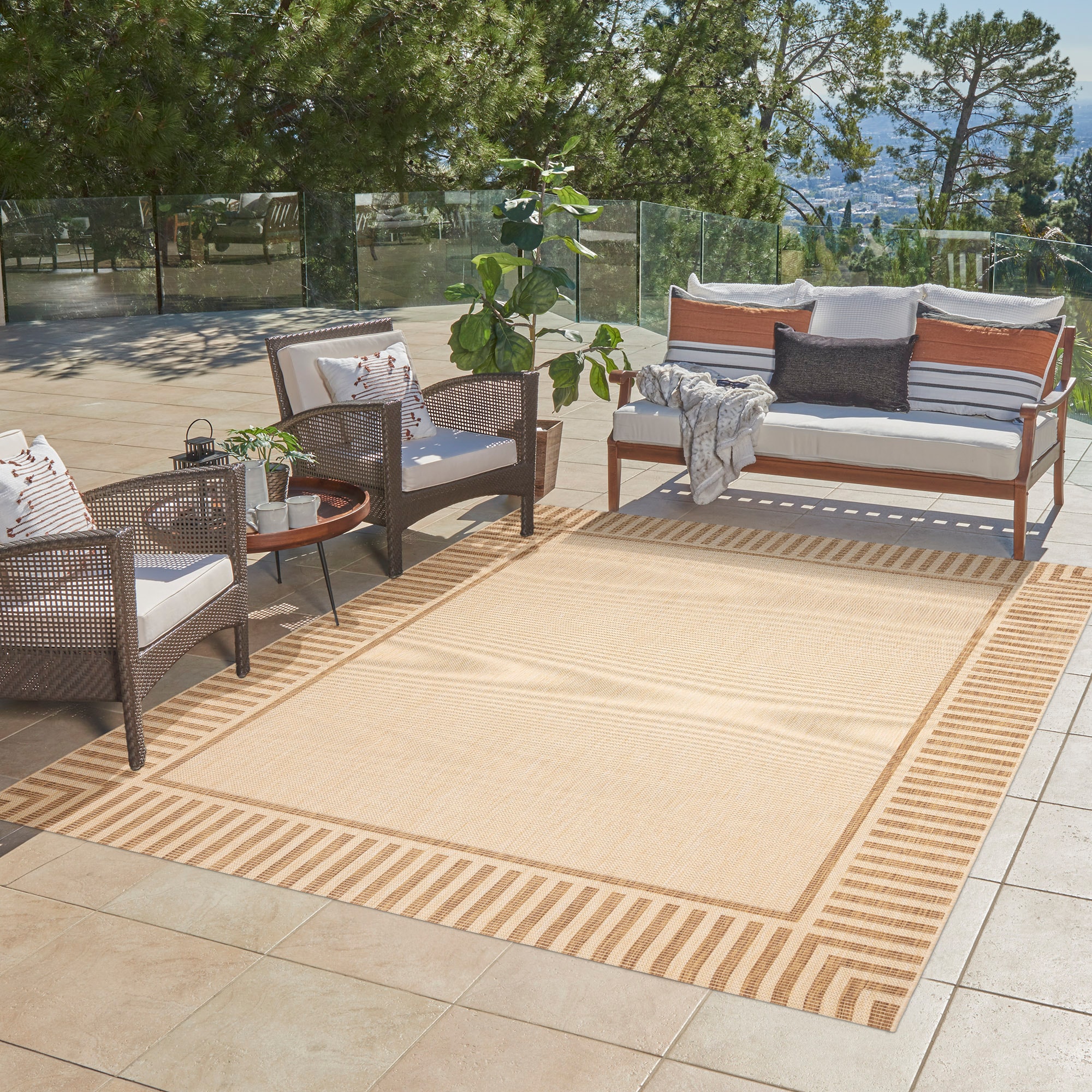GERTMENIAN 25419 5 x 8 (ft) Loomed Sand/Chestnut Rectangular Indoor/Outdoor Stripe Pet Friendly Area rug