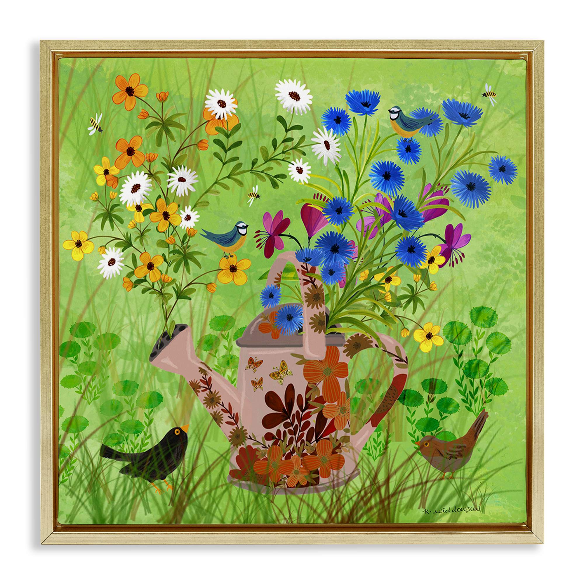 Stupell Industries BS-594-FFG-24X24 Bright Gardening Can and Birds Gold Framed Floater Canvas Wall Art By Kay Widdowson 25 x 25