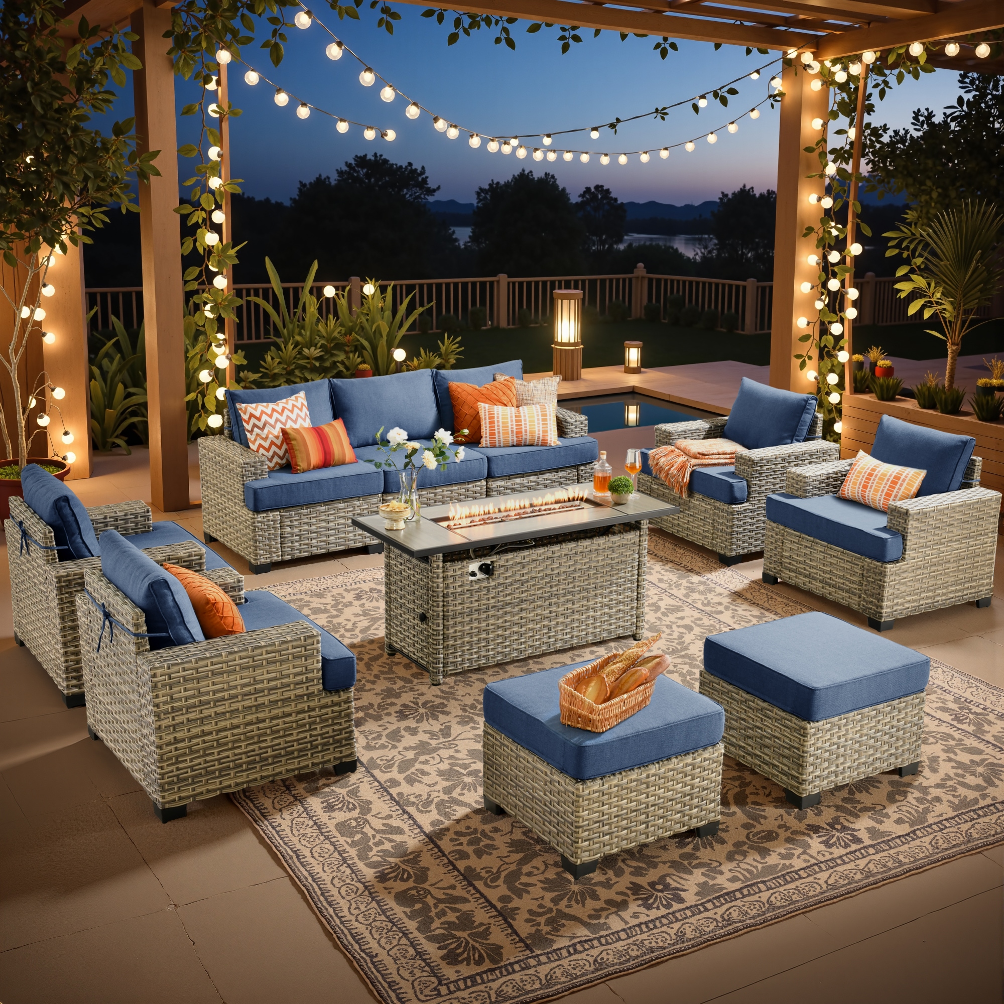 XIZZI XITBS5075-54CFP Agate 8 -Piece Rattan Patio Sofa Conversation Set with Blue Cushions