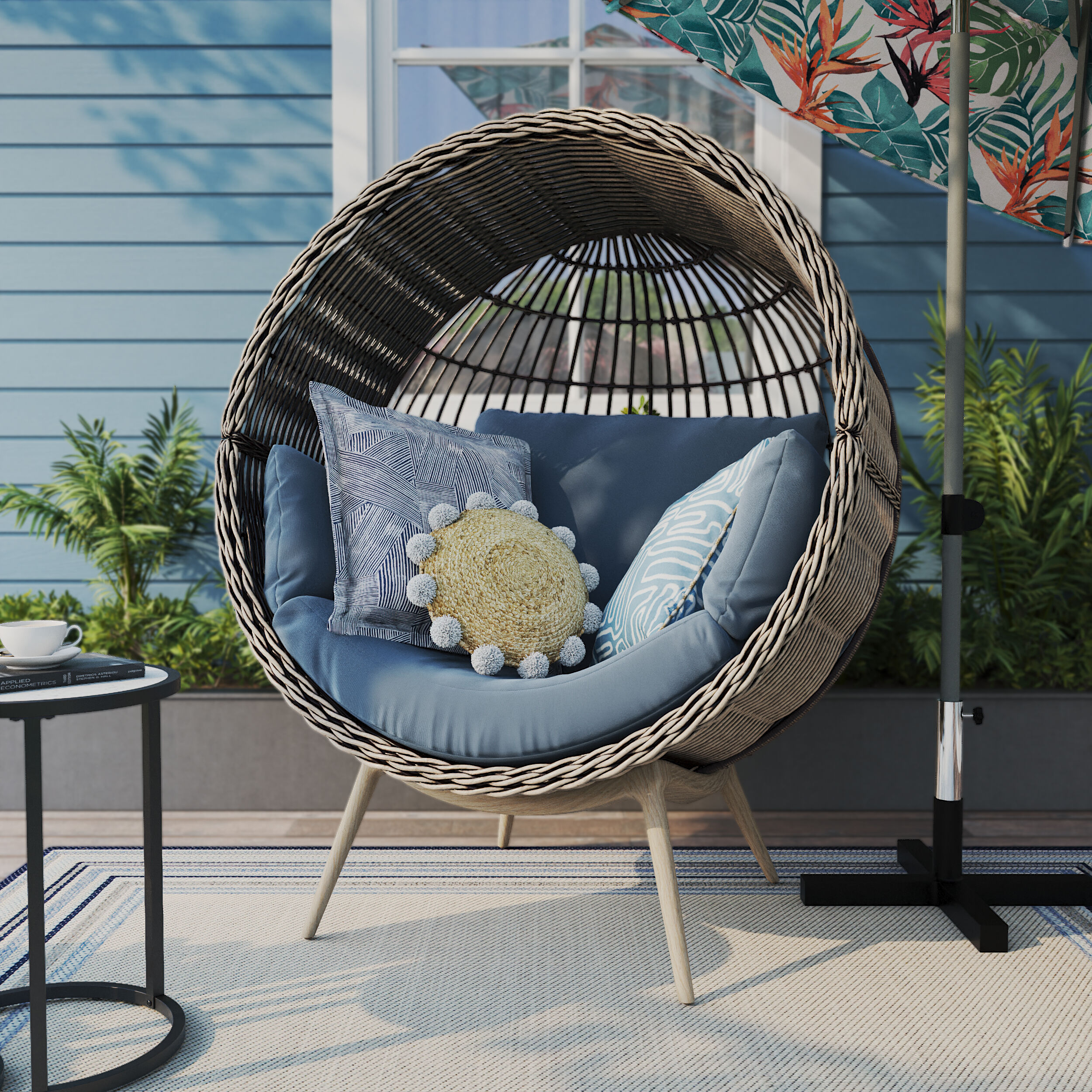 Origin 21 Dunes 5-Piece Conversation Set and Egg Chair with Blue Cushions  and Umbrella Table