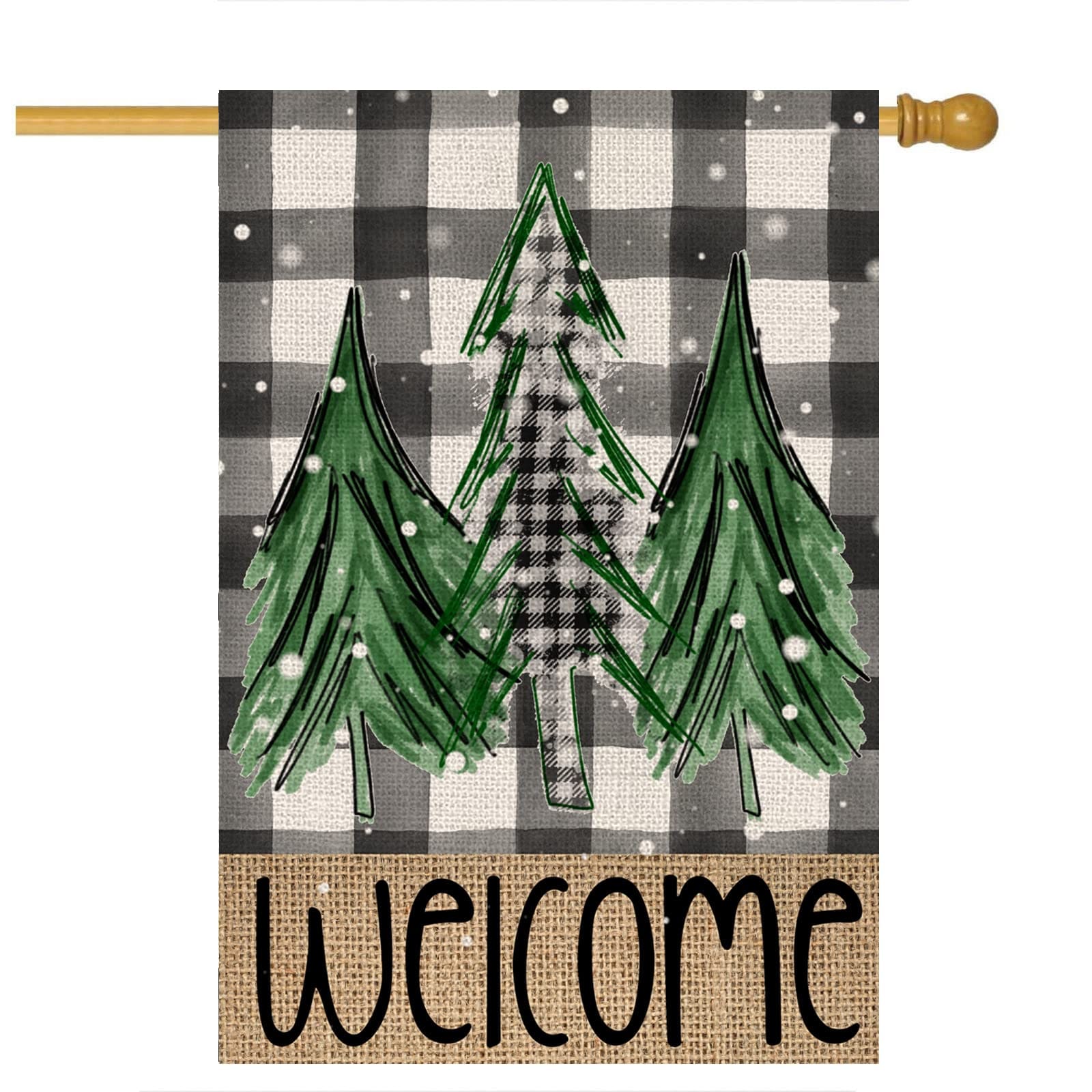 JVFCXXV  Welcome Christmas Trees Garden Flag 28 by 40 Inch Vertical Double Sided Buffalo Plaid Winter Holiday Yard Outside Xmas Decor